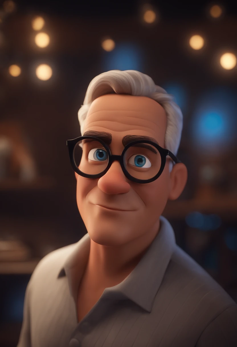 Pixar style image with 3D character glasses black, homem com oculos de grau , cabelos cachedos curto, barba curta Disney ,Close-up, Pixar, Disney, Cinema lighting, com luzes no fundo