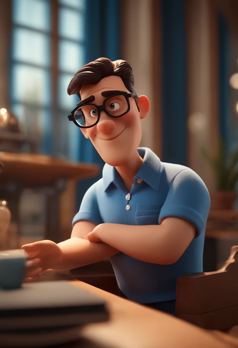 Cartoon character of a man with black glasses and a blue shirt, animation character, Caractere estilizado, animation style rendering, 3D estilizado, Arnold Maya render, 3 d render stylized, toon render keyshot, Personagem 3D, Personagem 3D, 3d rendering stylized, 3 d character render, personagem de desenho animado, Personagem de close up, Pose de personagem, (Estilo Pixar) (master part:1.2) (Bokeh) (best quality) (pele detalhada) (textura detalhada) (8k) (argila) (Cinematic lighting) (foco nítido