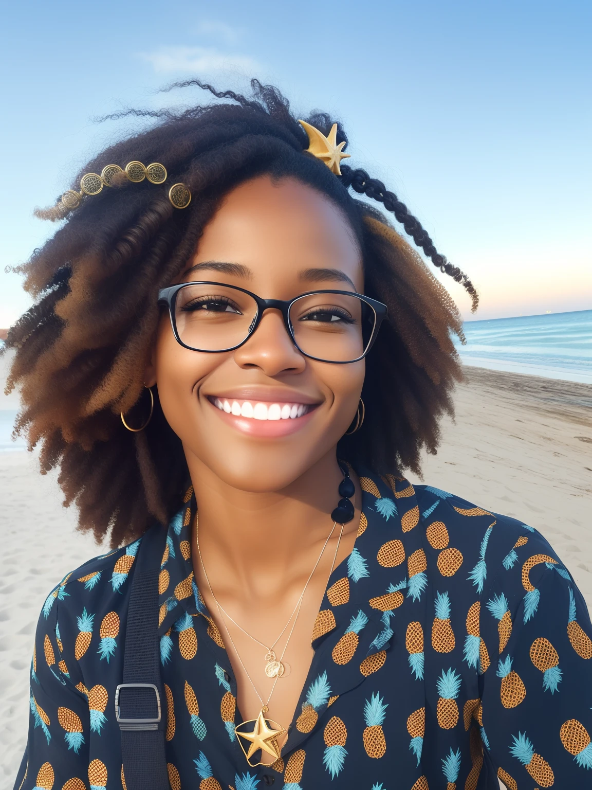 smiling woman with glasses on a beach with a pineapple necklace, alexis franklin, miranda meeks, photo of a black woman, photo of young woman, african american young woman, young black woman, by Ceferí Olivé, selfie of a young woman, malika favre, smiling young woman, 30-year-old woman from cuba