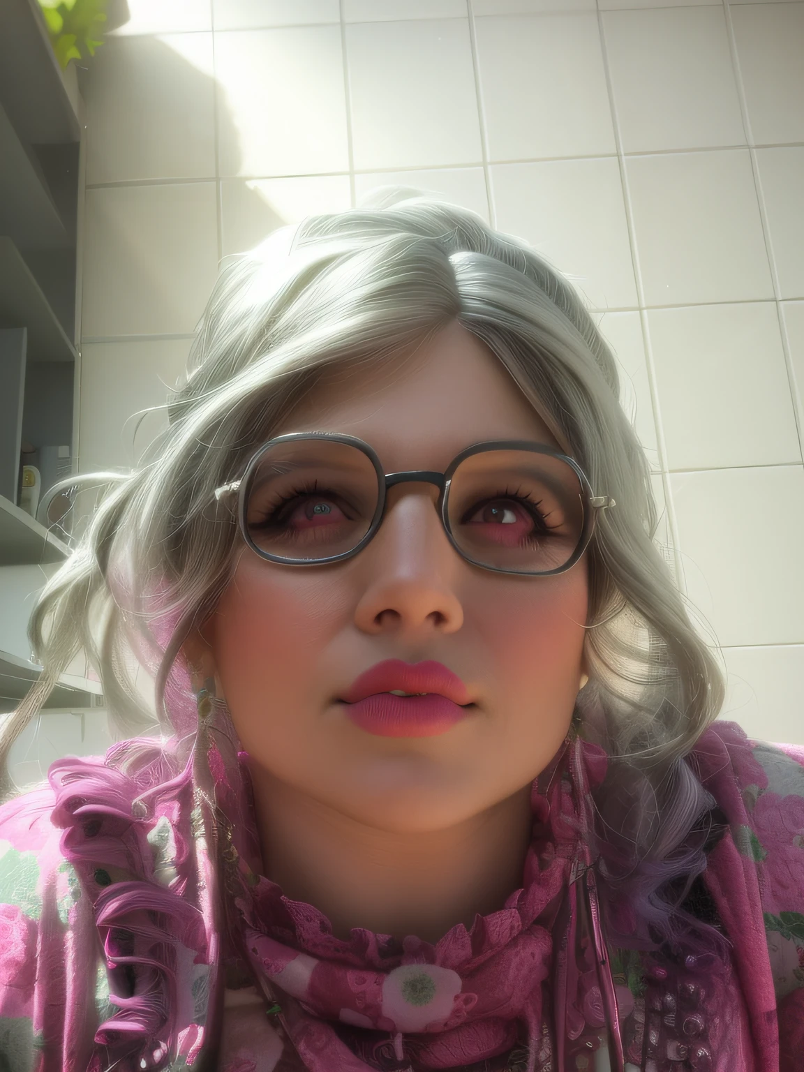 There's a woman with glasses and a pink shirt with flowers on it, mulher feia, ugly appearance, olhar feio, inspirado em Cindy Sherman, taken in the early 2020s, hideous appearance, maquiagem pesada, muito bobo olhando, cara feia, cara muito feia, imagem de perfil, pouty lips, inspirado em Hilda Annetta Walker, maquiagem pesada