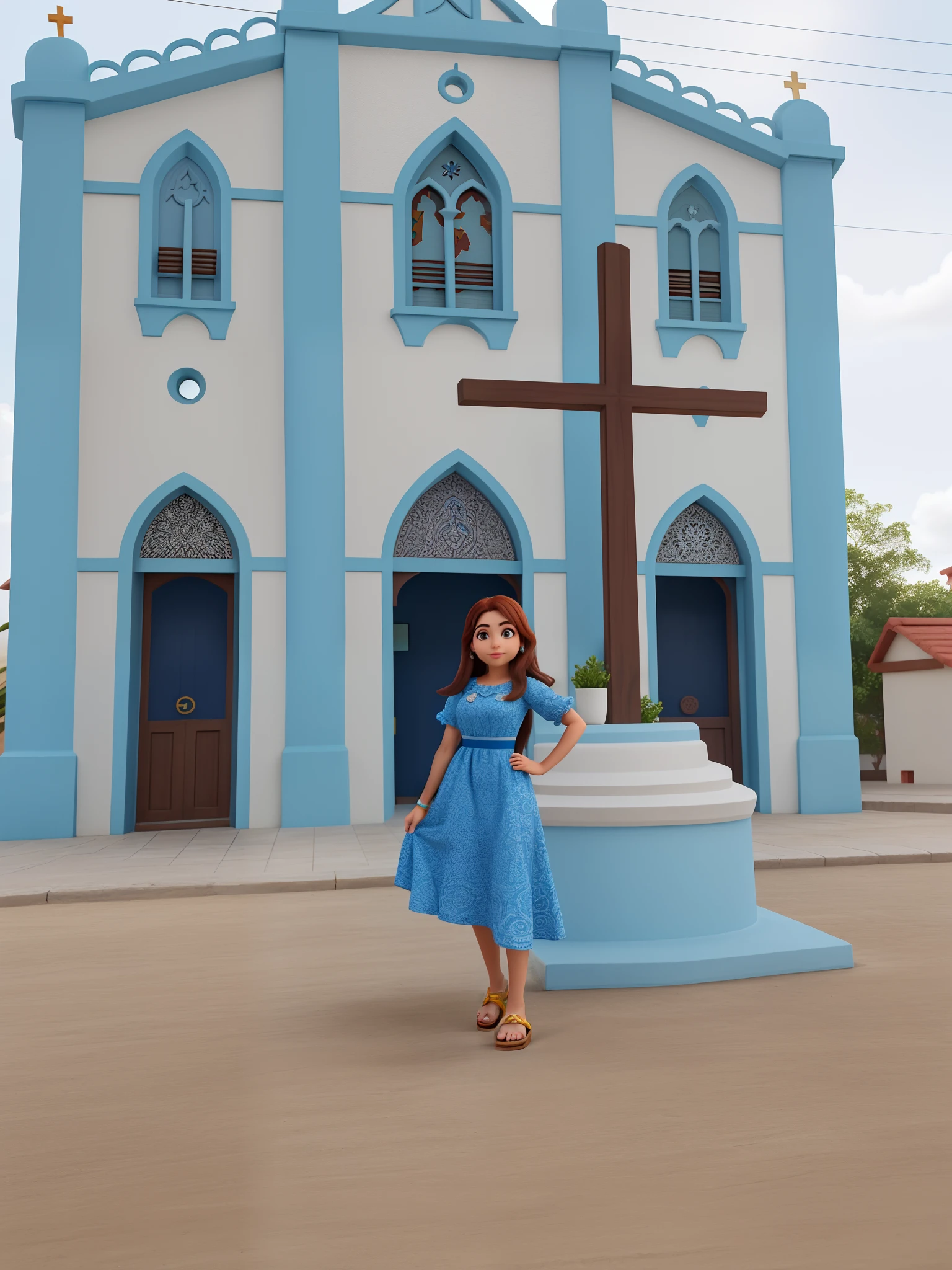 uma mulher morena de cabelos escuros, rosto lindo, Your body is kinda full, Is wearing a sandal, She's in a blue dress, The background is a church that has colors similar to the dress, estilo personagem Disney pixar, alta qualidade, melhor qualidade, ultra HD