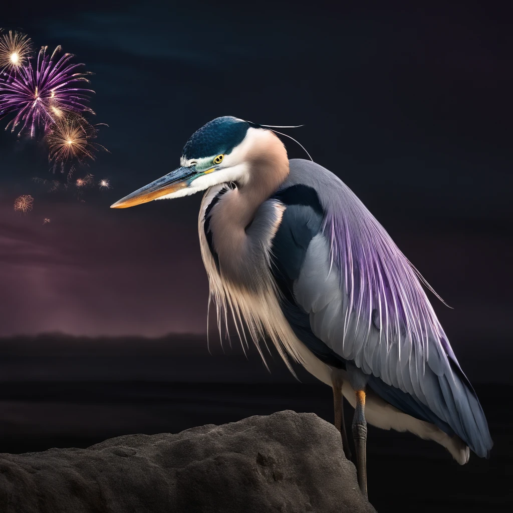 master part, best quality, Heron Musse, purple hat, grampo de cabelo, fita verde, Purple jacket, luvas brancas, belt, minissaia roxa, parte superior do corpo, Corar, sorrir, Olhando para o Viewer, Praia, Noite, lua, fireworks, hands to chest
