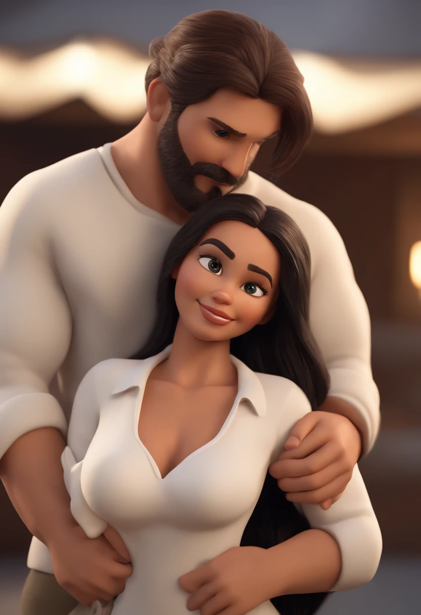 Personagem de desenho animado de Jesus usando uma camisa branca, Hugging a 26-year-old girl, branca e cabelo preto longos, um personagem animado, Caractere estilizado, animation style rendering, 3D estilizado, Arnold Maya render, 3 d render stylized, toon render keyshot, Personagem 3D, Personagem 3D, 3d rendering stylized, 3 d character render, personagem de desenho animado, Personagem de close up, Pose de personagem, (Estilo Pixar) (master part:1.2) (Bokeh) (best quality) (pele detalhada) (textura detalhada) (8k) (argila) (Cinematic lighting) (foco nítido,Senta e vaza a parte superior do corpo