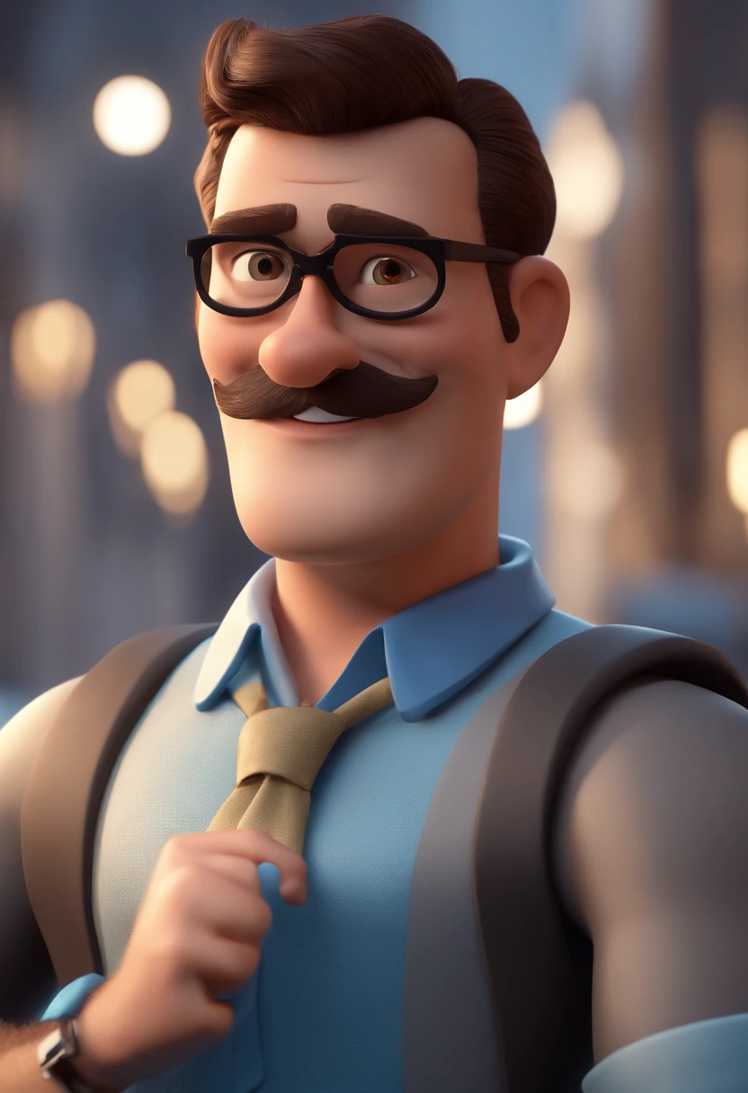 Cartoon character of a man with black glasses and a blue shirt, animation character, Caractere estilizado, animation style rendering, 3D estilizado, Arnold Maya render, 3 d render stylized, toon render keyshot, Personagem 3D, Personagem 3D, 3d rendering stylized, 3 d character render, personagem de desenho animado, Personagem de close up, Pose de personagem,  (Estilo Pixar) (master part:1.2) (Bokeh) (best quality) (pele detalhada) (textura detalhada) (8k) (argila) (Cinematic lighting) (foco nítido