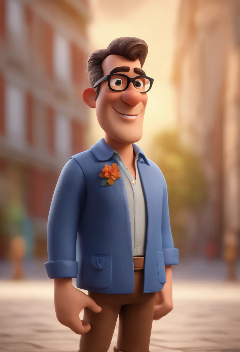 Cartoon character of a man wearing black glasses and a blue shirt, um personagem animado, Caractere estilizado, animation style rendering, 3D estilizado, Arnold Maya render, 3 d render stylized, toon render keyshot, Personagem 3D, Personagem 3D, 3d rendering stylized, 3 d character render, personagem de desenho animado, Personagem de close up, Pose de personagem, (Estilo Pixar) (master part:1.2) (Bokeh) (best quality) (pele detalhada) (textura detalhada) (8k) (argila) (Cinematic lighting) (foco nítido，Senta e vaza a parte superior do corpo