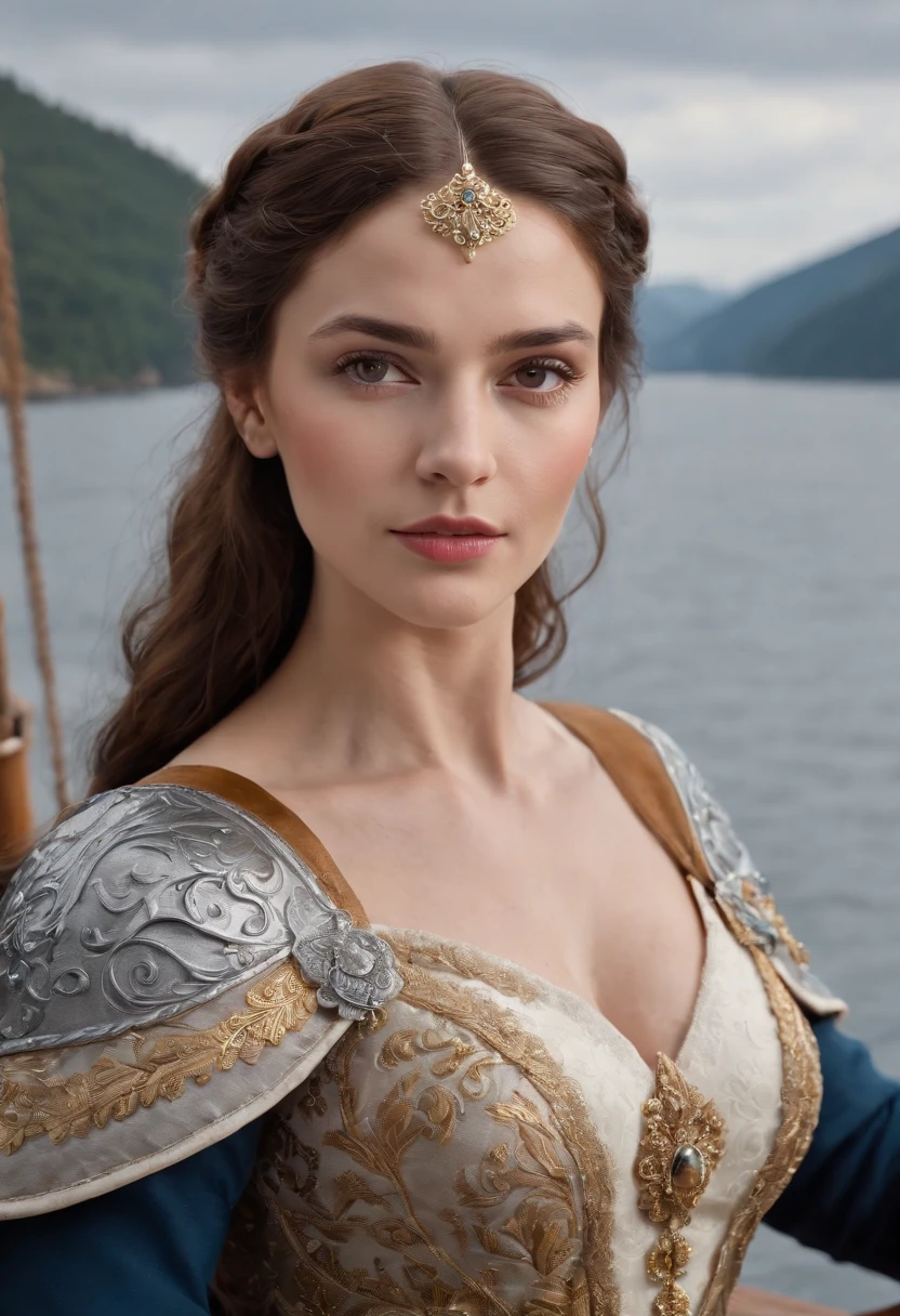 Queen goddess of Vikings, with brown hair and brown eyes, is glossy-skinned, looks gorgeous and dignified, has high self-esteem, wears a blue suit of a navy captain with jewelled belt, puts on a golden crown, is sitting on a golden deck of a yacht, is commanding crew, premium sailboat, Viking mythology, splendid atmosphere, photorealistic, super high quality, super detail, ultra-accurate description of hands, masterpiece, 8K, HDR