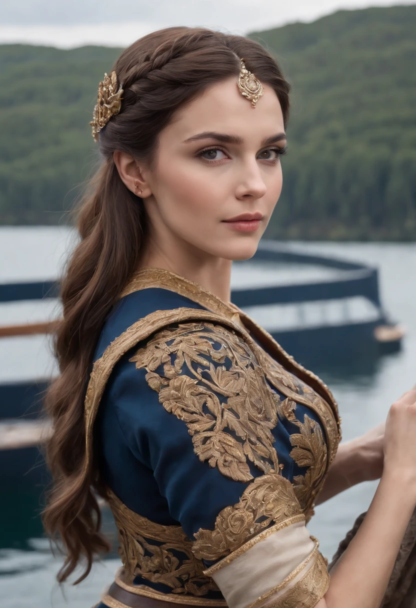 Queen goddess of Vikings, with brown hair and brown eyes, is glossy-skinned, looks gorgeous and dignified, has high self-esteem, wears a blue suit of a navy captain with jewelled belt, puts on a golden crown, is sitting on a golden deck of a yacht, is commanding crew, premium sailboat, Viking mythology, splendid atmosphere, photorealistic, super high quality, super detail, ultra-accurate description of hands, masterpiece, 8K, HDR