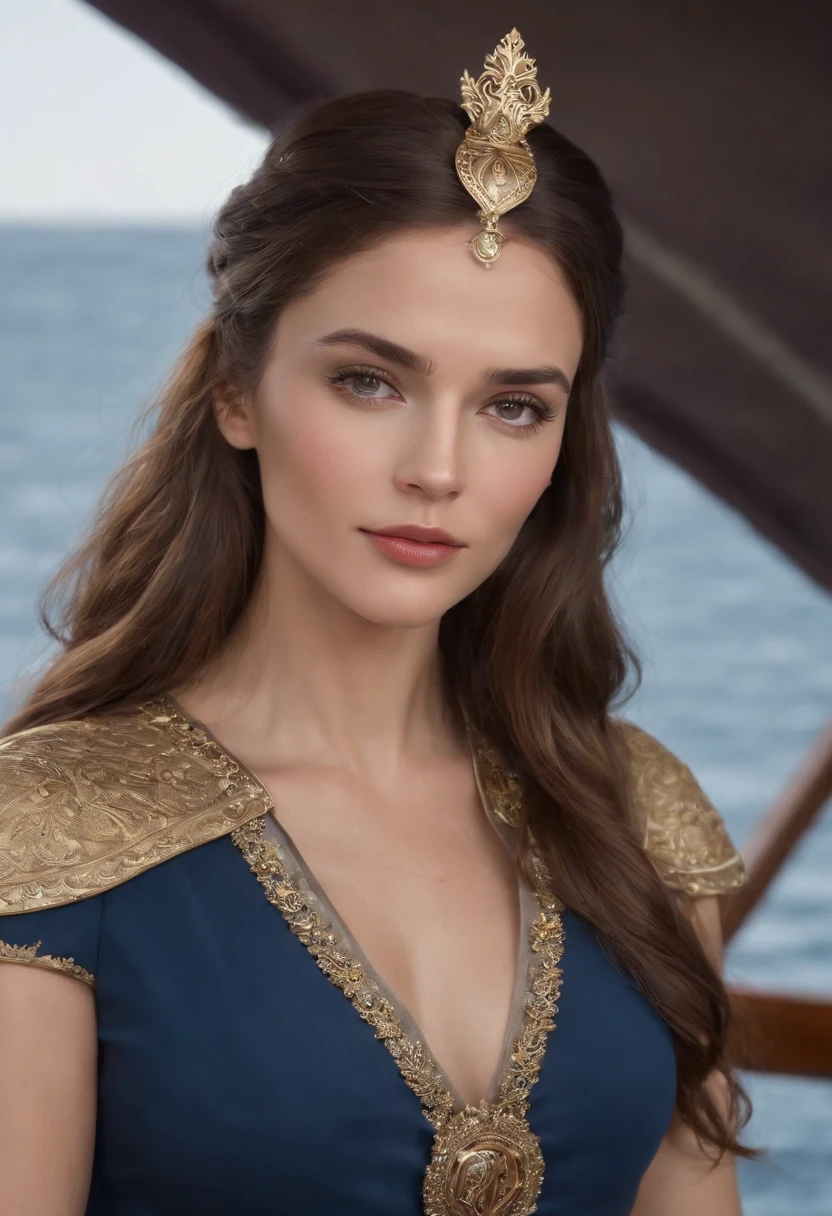 Queen goddess of Vikings, with brown hair and brown eyes, is glossy-skinned, looks gorgeous and dignified, has high self-esteem, wears a blue suit of a navy captain with jewelled belt, puts on a golden crown, is sitting on a golden deck of a yacht, is commanding crew, premium sailboat, Viking mythology, splendid atmosphere, photorealistic, super high quality, super detail, ultra-accurate description of hands, masterpiece, 8K, HDR