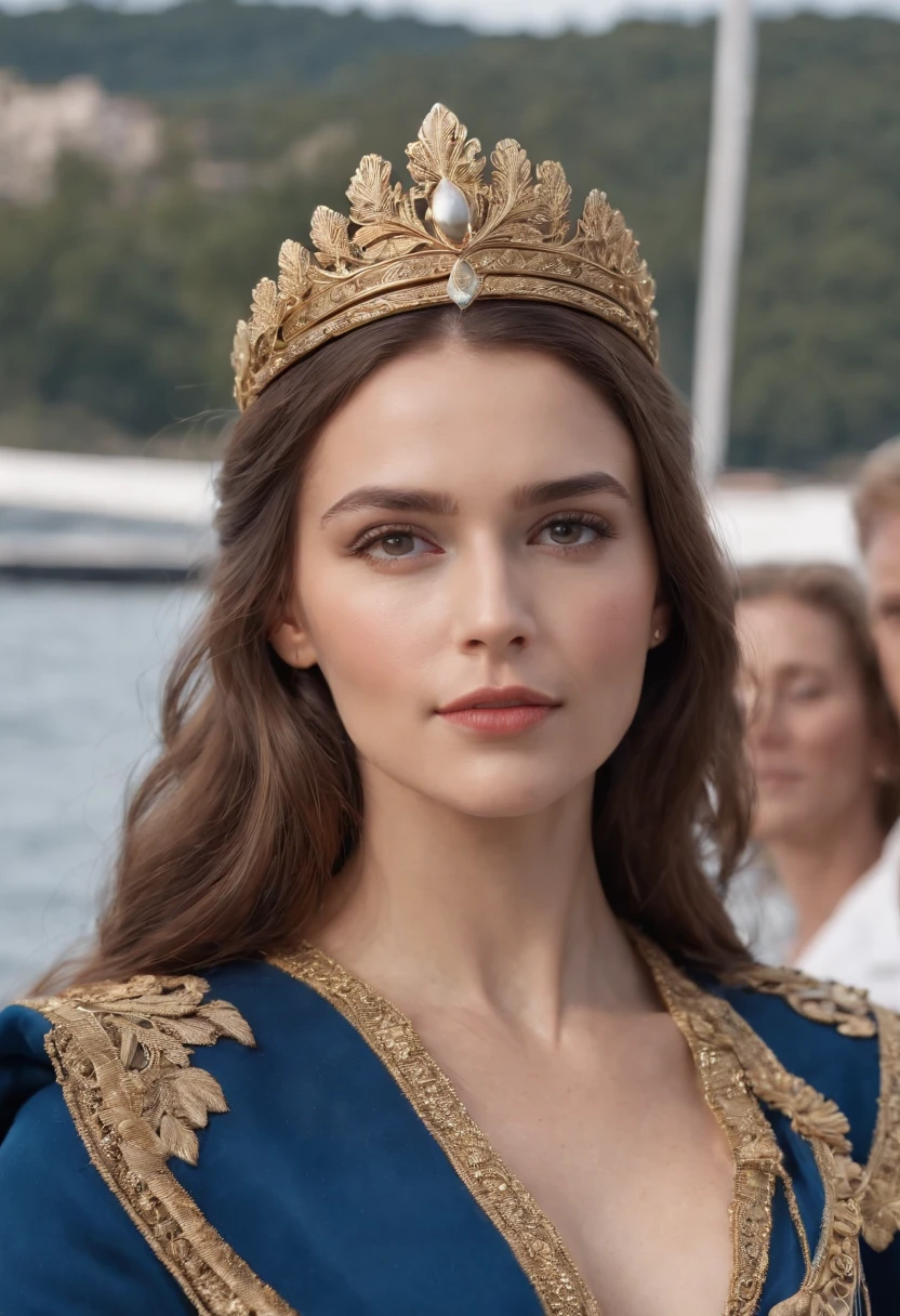 Queen goddess of Vikings, with brown hair and brown eyes, is glossy-skinned, looks gorgeous and dignified, has high self-esteem, wears a blue suit of a navy captain with jewelled belt, puts on a golden crown, is sitting on a golden deck of a yacht, is commanding crew, premium sailboat, Viking mythology, splendid atmosphere, photorealistic, super high quality, super detail, ultra-accurate description of hands, masterpiece, 8K, HDR