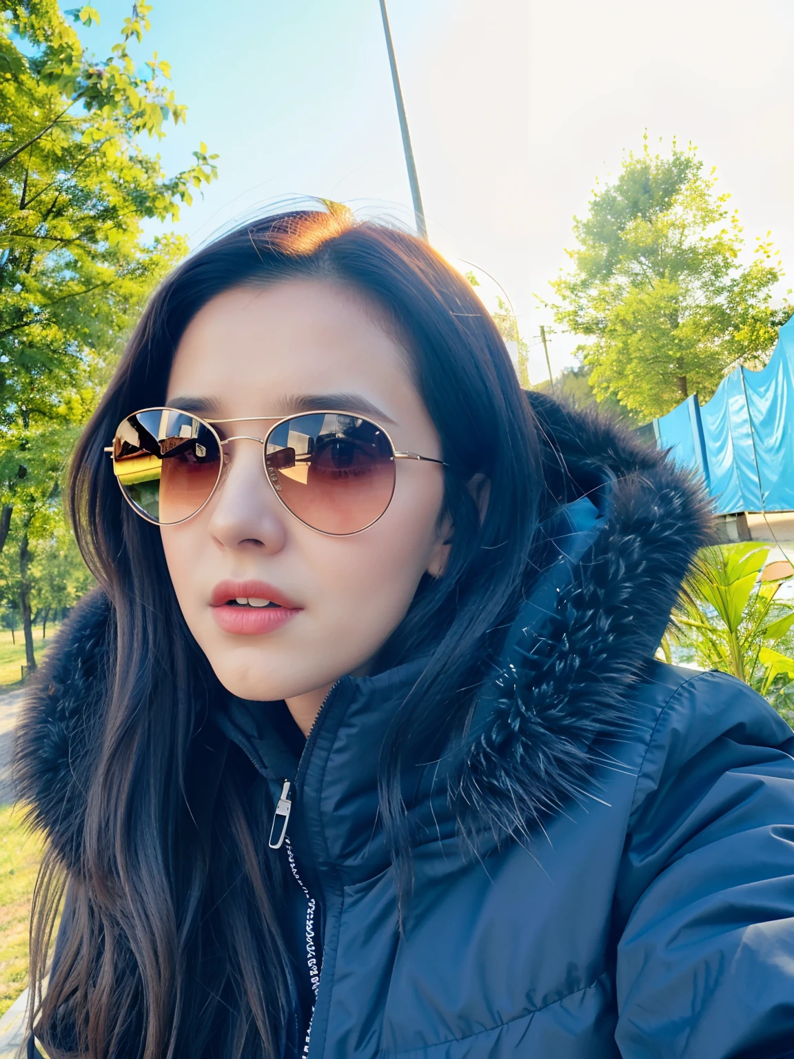 Woman in black jacket and sunglasses taking selfie with cell phone, en clima soleado, con gafas de sol, Alina Ivanchenko, Ekaterina, Magdalena Radziej, Anastasia Ovchinnikova, 30-year-old woman, 3 0 years old woman, with the sun shining on him, al sol, Horario soleado, Moleksandra Shchaslyva