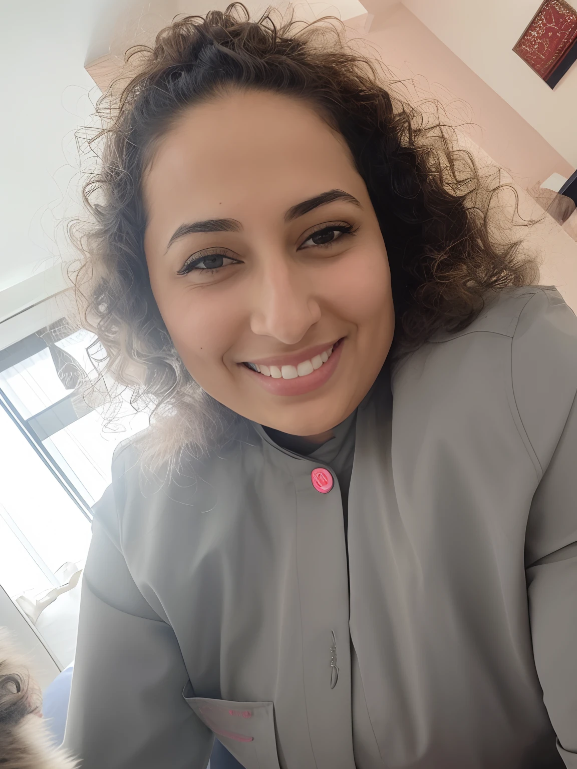 mulher sorridente com cabelo cacheado e uma jaqueta cinza sentada em um quarto, arab ameera al-taweel, arab ameera al taweel, 3 0 anos de idade mulher, Mulher de 30 anos, Grego Ameera al Taweel, Ameera Al-Taweel, happily smiling at the camera, Ameera Al Taweel