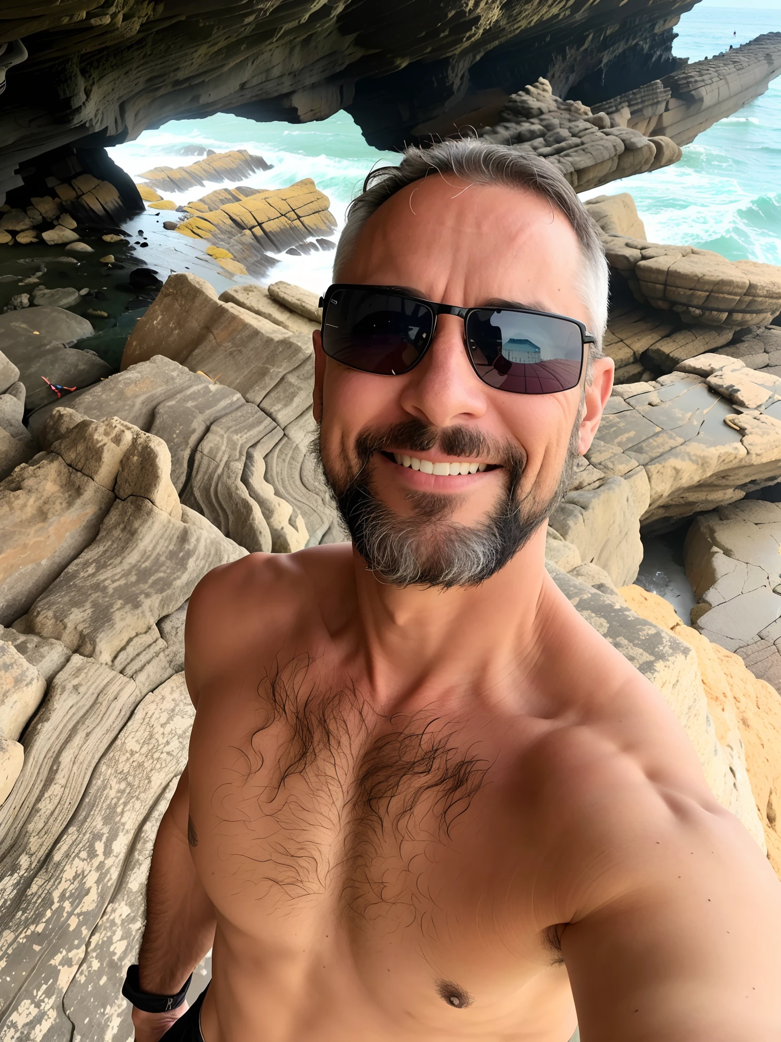 There's a man standing on a rock at the edge of the ocean, Homens de 45 anos, 3 6 anos, 38 anos, (38 anos), Homem de 4 0 anos, 35 anos, 3 5 anos, 3 2 anos, 4 5 I, 4 0 anos, 40 anos, 4 0 anos