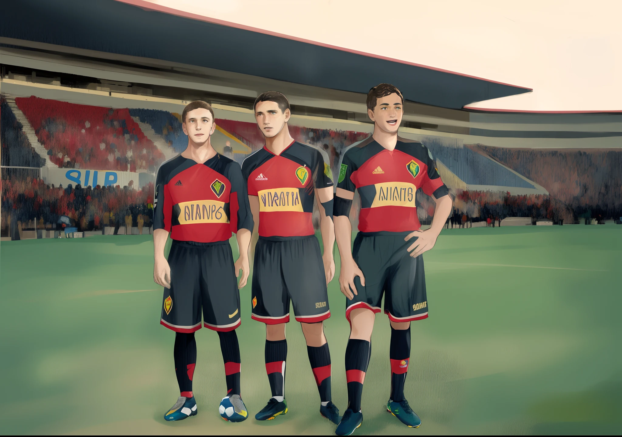 Three men in front of a soccer field with a crowd at play for Sport Club do Recife.