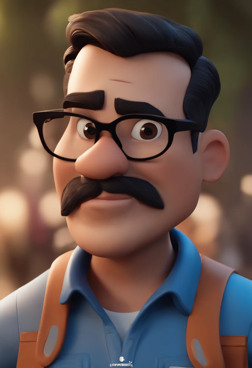 Cartoon character of a man wearing black glasses and a blue shirt, um personagem animado, Caractere estilizado, animation style rendering, 3D estilizado, Arnold Maya render, 3 d render stylized, toon render keyshot, Personagem 3D, Personagem 3D, 3d rendering stylized, 3 d character render, personagem de desenho animado, Personagem de close up, Pose de personagem, (Estilo Pixar) (master part:1.2) (Bokeh) (best quality) (pele detalhada) (textura detalhada) (8k) (argila) (Cinematic lighting) (foco nítido,Senta e vaza a parte superior do corpo