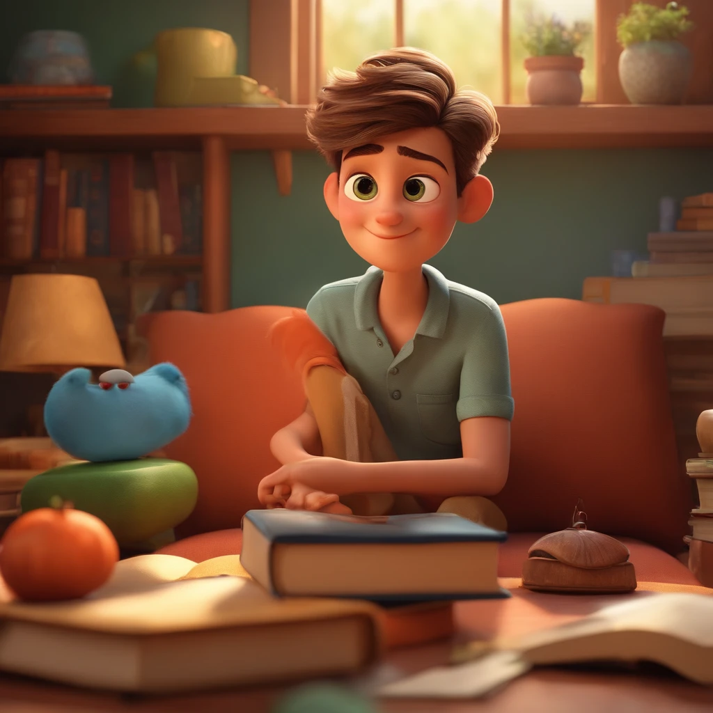 fundo branco, pixar desenhos animados 3D, homem lendo um livro, ::estilo pixar cartoon