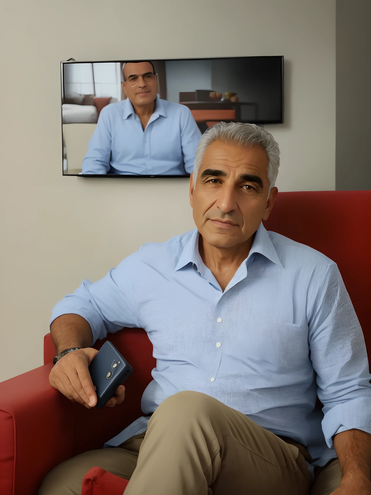 there is a man sitting on a couch with a cell phone, david rios ferreira, Homem de 5 0 anos, foto de um homem branco de 50 anos, Eytan Zana, selfie de um homem, Ahmad Merheb, Carmelo Blandino, imagem de perfil, Foto realista, foto de um homem, imagem frontal, Homem de 4 0 anos