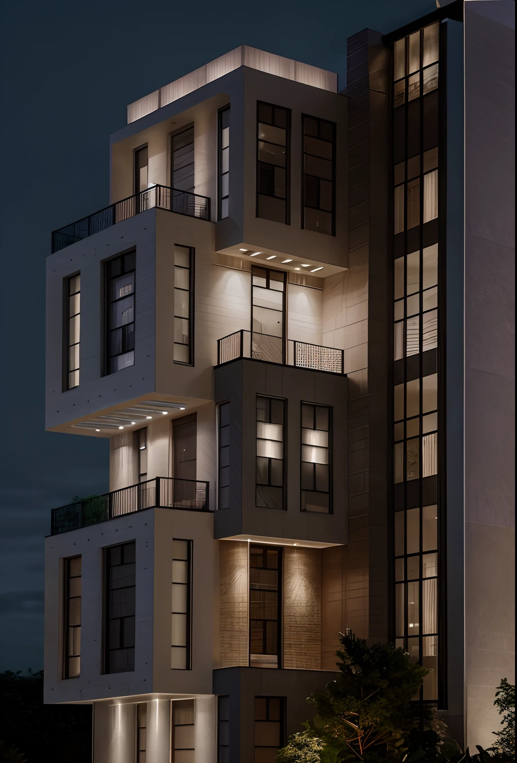 A modern construction for a house in a luxury condominium, Contemporary architecture The look is beautiful with supporting pillars, Acabamento Brisa, Wooded area with trees behind the building, ultra realistic, detalhes intrincados, cinematic lights, 8k