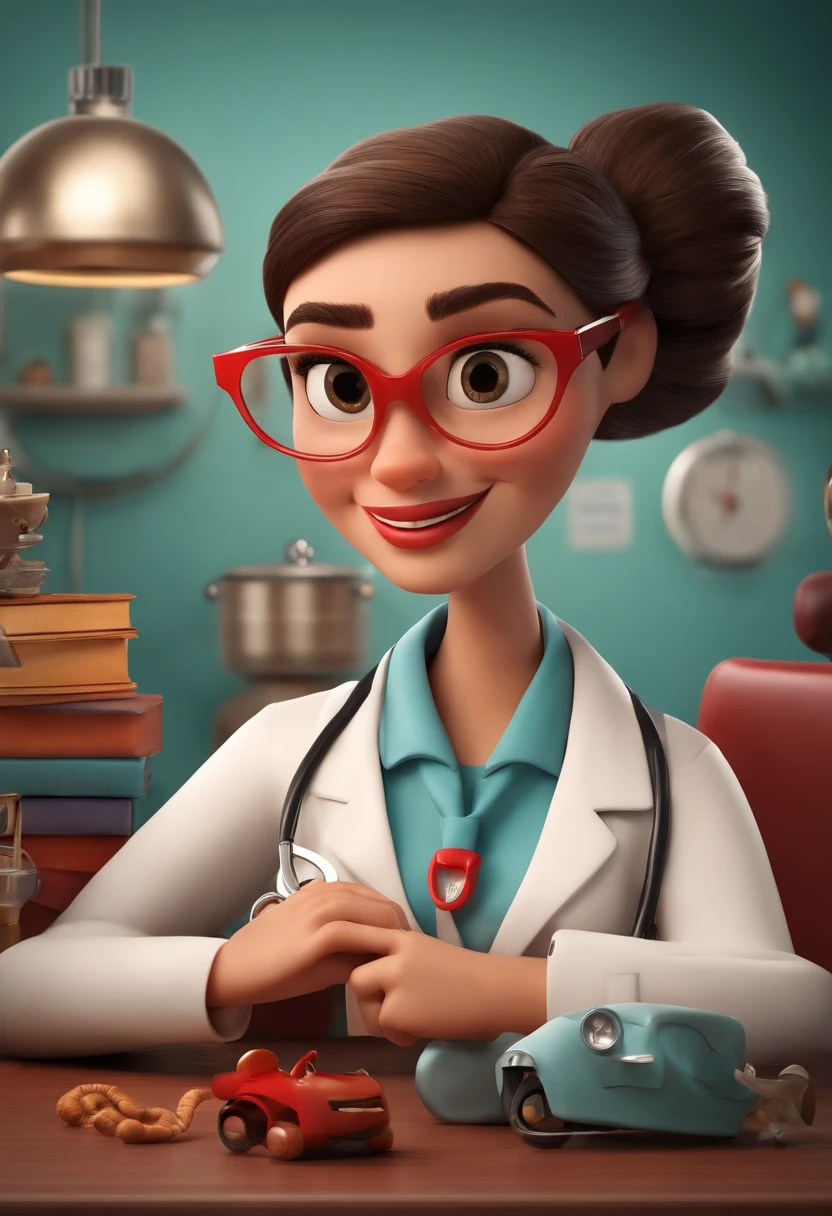 create a 3D movie poster inspired by Disney Pixar, The scene should be in Pixar's signature digital art style, com uma imagem caricata de uma mulher branca com cabelos loiros e lisos, Red glasses, Medium Size, cor marrom claro, Wearing lab coat at doctor's office