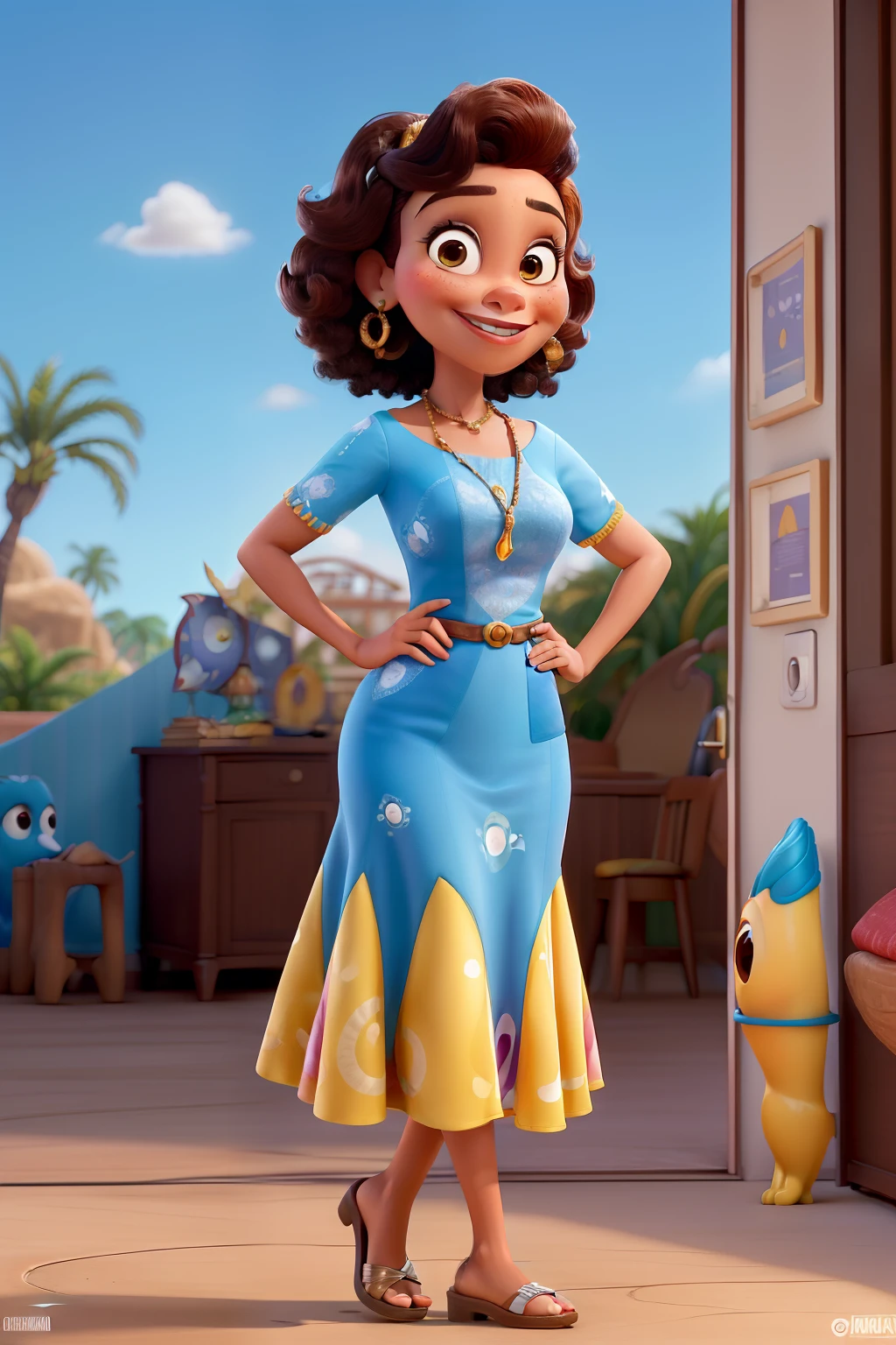 (*inspirado no universo
Disney-Pixar, mulher 50 anos de idade, brasileira, morena da pele clara,com cabelo liso,no ombros e pretos, vestido rodado vermelho, e sorridente e feliz
