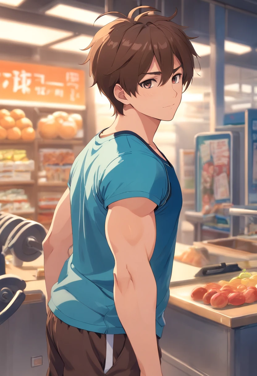 32 years old, adult, male, blue tank top, black gym shorts, light brown hair, short hair, brown eyes, no sleeves, muscular with fat belly, chubby belly, fat, big arms, handsome face