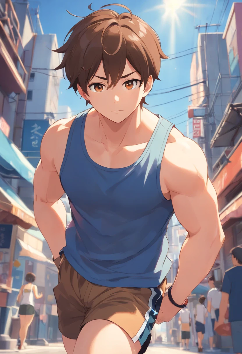 32 years old, adult, male, blue tank top, black gym shorts, light brown hair, short hair, brown eyes, no sleeves, muscular with fat belly, chubby belly, fat, big arms, handsome face
