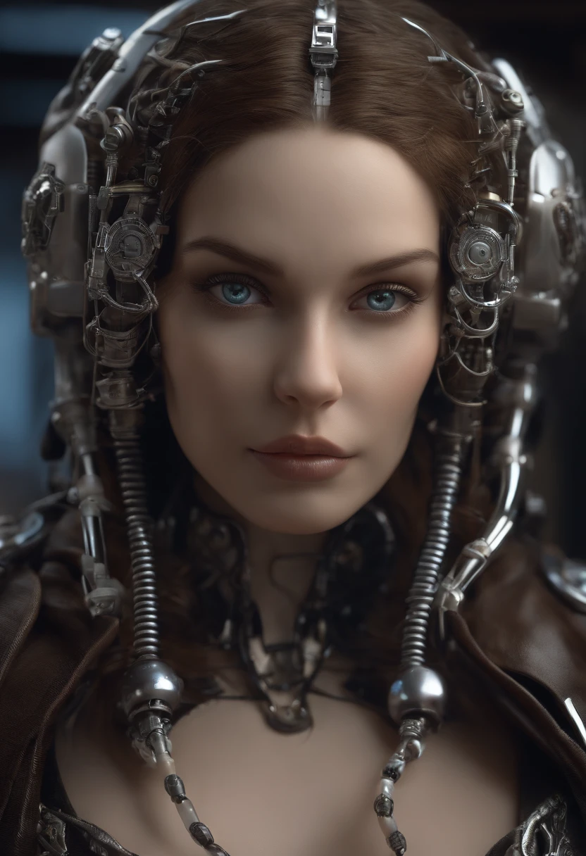 [Cat : girl : 7], Chest, Porcelain face, cyborgs, roboticparts, 150mm, beautiful studio soft light, Rim Light, vibrant detail, Cyberpunk, hyper realisitic, Anatomical, face muscles, cable electric wires, microchips, h. r. Giger style, Extremely detailed  (Realistic, Photorealsitic:1.37),amazing, finely detail