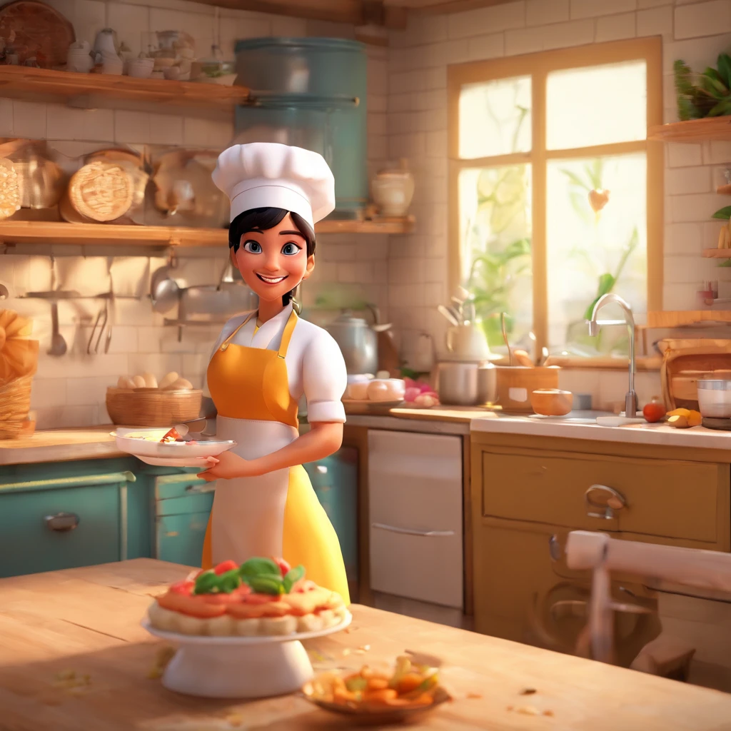 Crie uma cena de desenho animado estilo 3D Pixar/Disney capturando uma cena de uma mulher de 29 anos, cabelo preto longo, com touca de chef de cozinha, piercing no nariz. Ela trabalha como confeiteira, And you're baking cakes in the middle of a bakery. The setting has pastry accessories and a cake mixer. O titulo ''DOIS AMORES" Standout in the scenery.