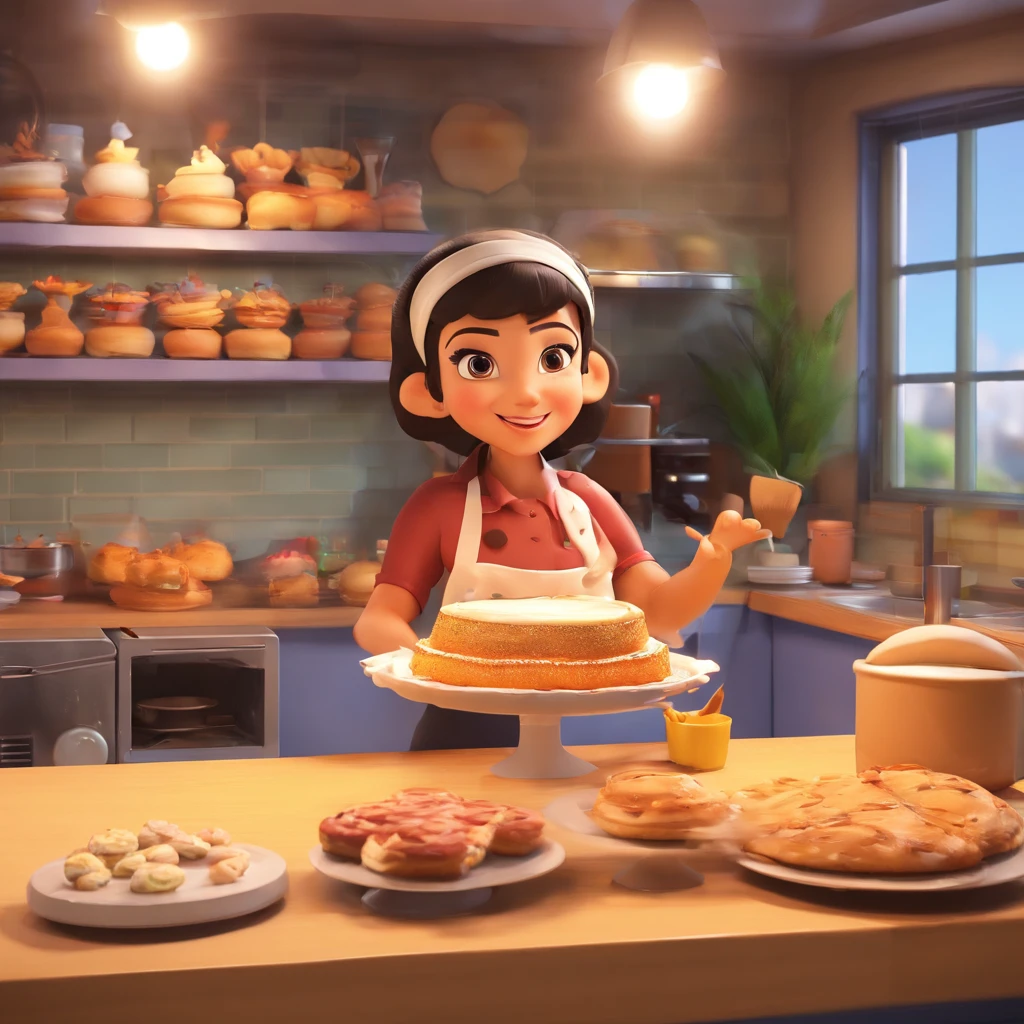 Crie uma cena de desenho animado estilo 3D Pixar/Disney capturando uma cena de uma mulher de 29 anos, cabelo preto longo, com touca de chef de cozinha, piercing no nariz. Ela trabalha como confeiteira, And you're baking cakes in the middle of a bakery. The setting has pastry accessories and a cake mixer. O titulo ''DOIS AMORES" Standout in the scenery.