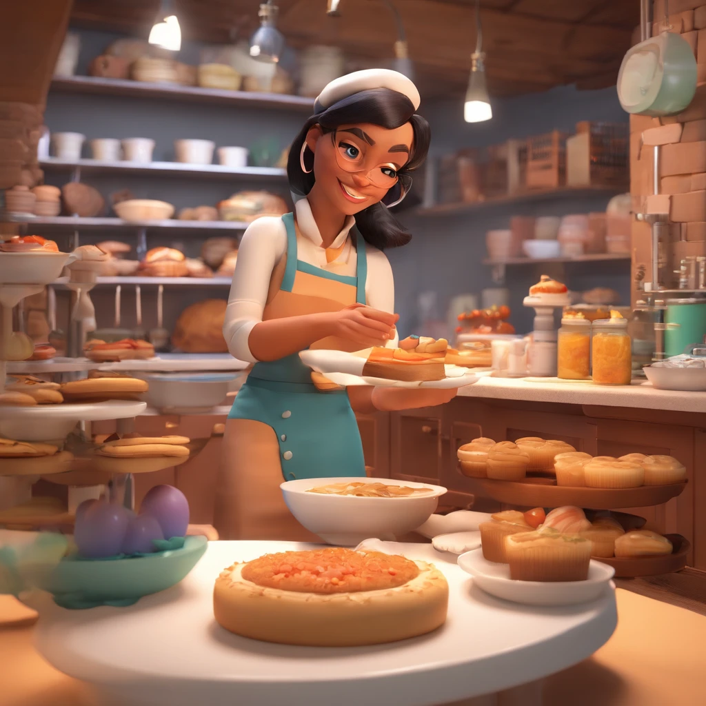 Crie uma cena de desenho animado estilo 3D Pixar/Disney capturando uma cena de uma mulher de 29 anos, cabelo preto longo, com touca de chef de cozinha, piercing no nariz. Ela trabalha como confeiteira, And you're baking cakes in the middle of a bakery. The setting has pastry accessories and a cake mixer. O titulo ''DOIS AMORES" Standout in the scenery.