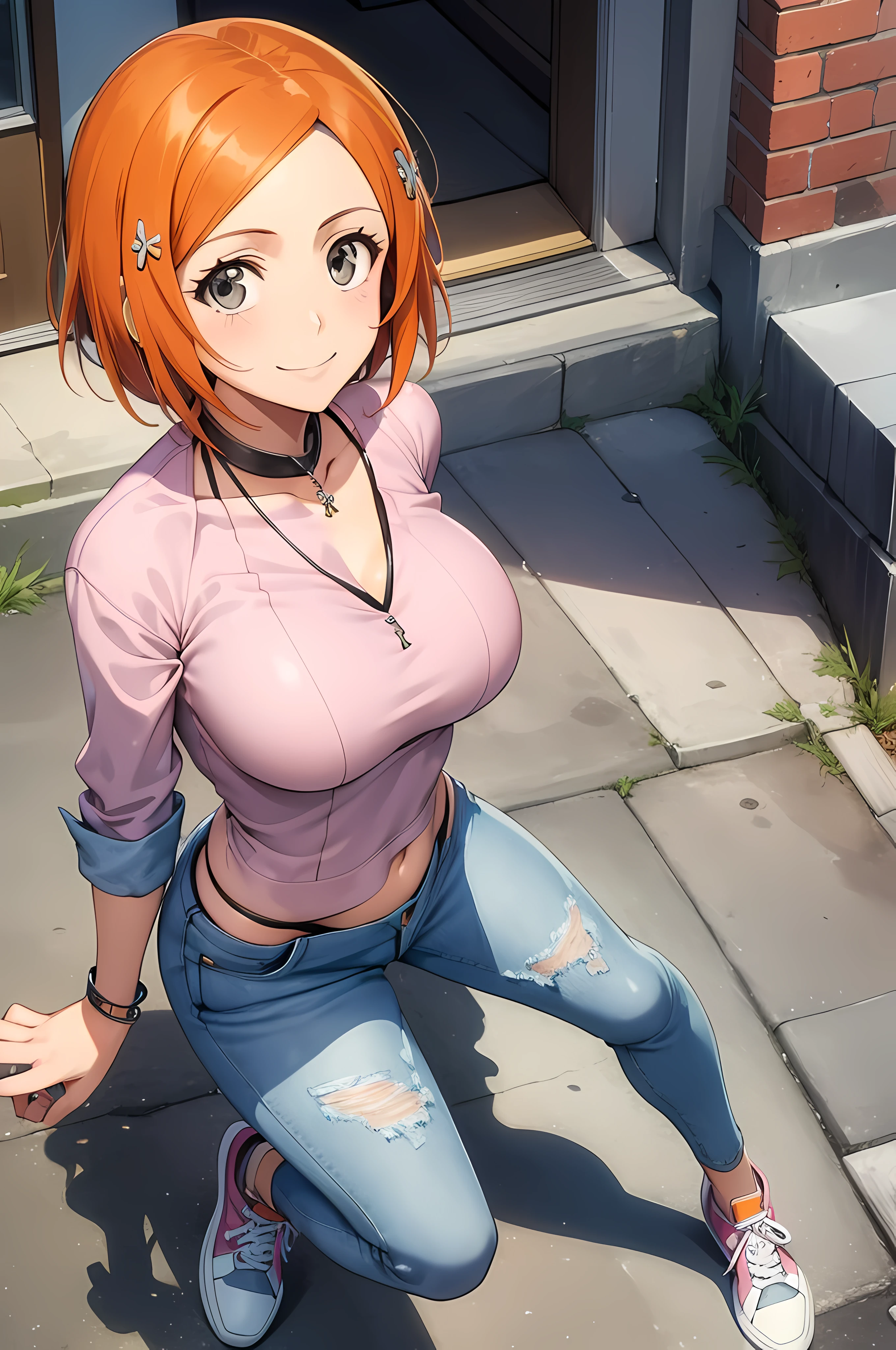 1girl, masterpiece, high detailed, inoue orihime, short hair, orange hair, grey eyes, pink blouse, jeans, necklace, bracelet, smiling, sneakers, street bottom, full body