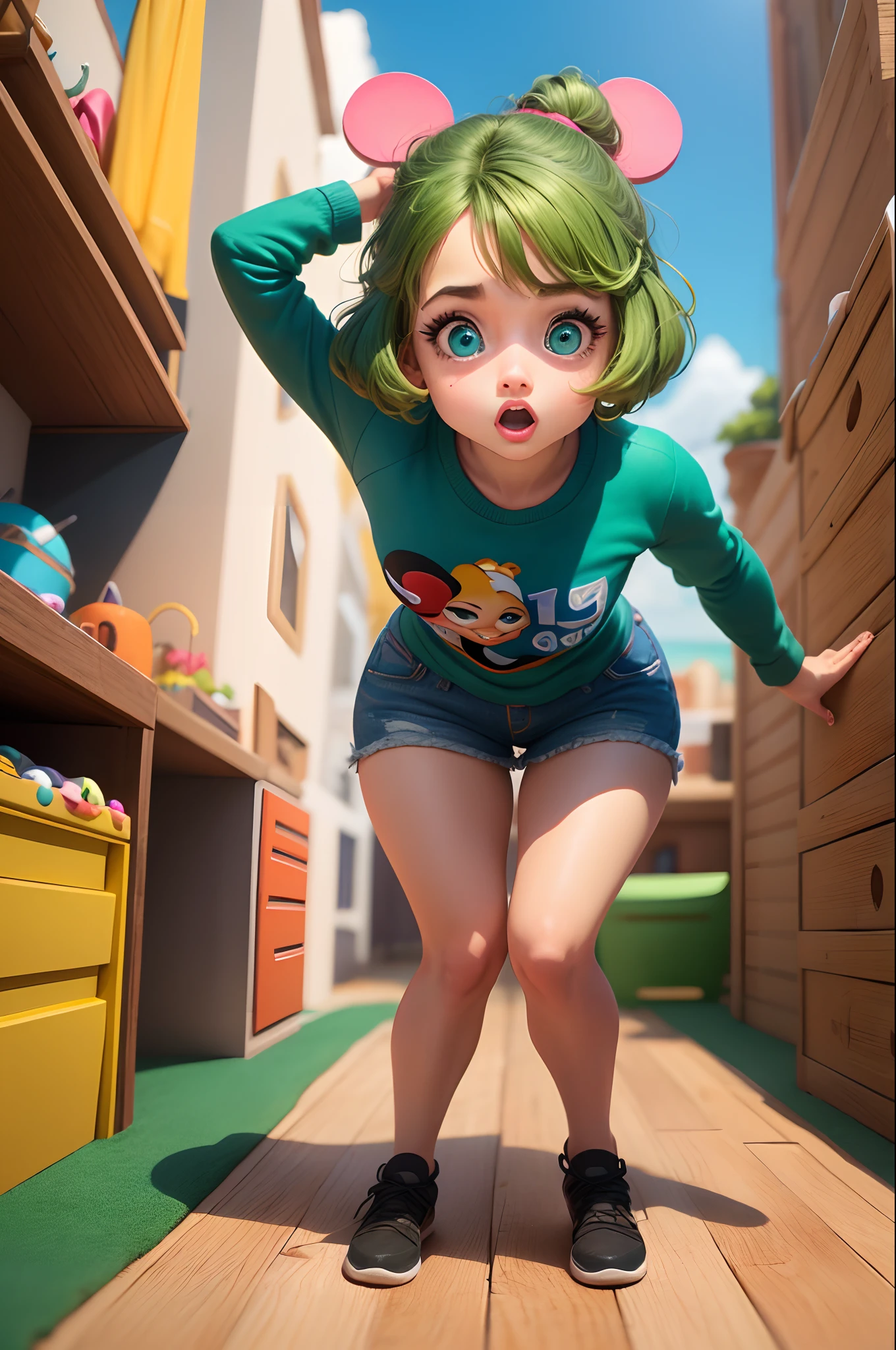 poster 3D inspirado na Disney/Pixar  uma menina de 2 anos com olhos verdes cabelo castanho brincando com uma boneca no quarto e um banner escrito Andrea
