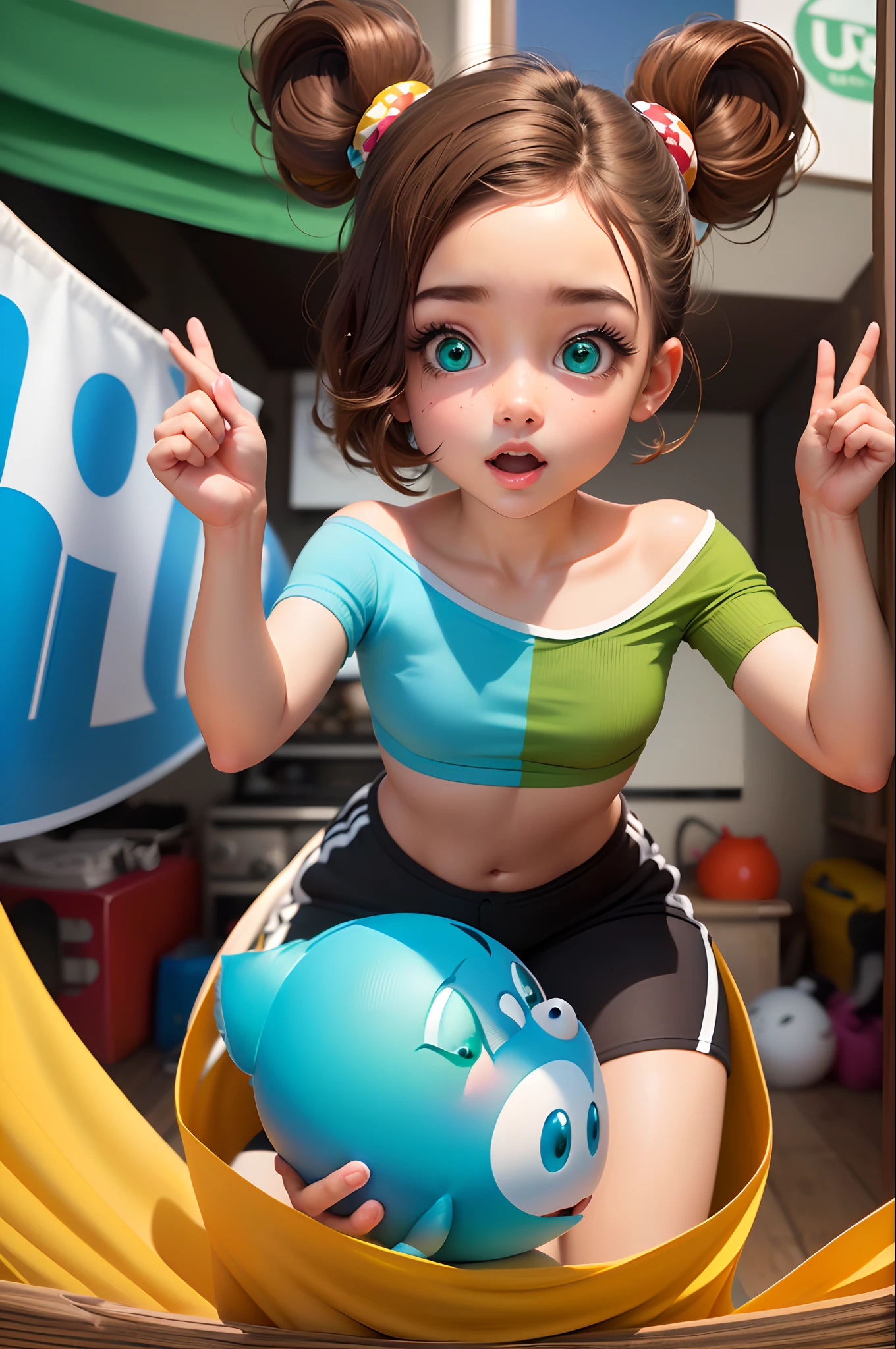 poster 3D inspirado na Disney/Pixar uma de 2 anos com olhos verdes cabelo castanho brincando com uma boneca no quarto e um banner escrito Andrea