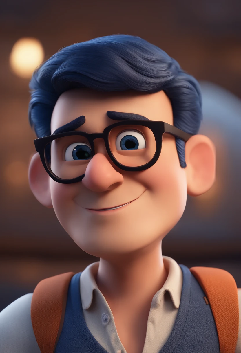 Cartoon character of a man with black glasses and a blue shirt, animation character, Caractere estilizado, animation style rendering, 3D estilizado, Arnold Maya render, 3 d render stylized, toon render keyshot, Personagem 3D, Personagem 3D, 3d rendering stylized, 3 d character render, personagem de desenho animado, Personagem de close up, Pose de personagem,  (Estilo Pixar) (master part:1.2) (Bokeh) (best quality) (pele detalhada) (textura detalhada) (8k) (argila) (Cinematic lighting) (foco nítido