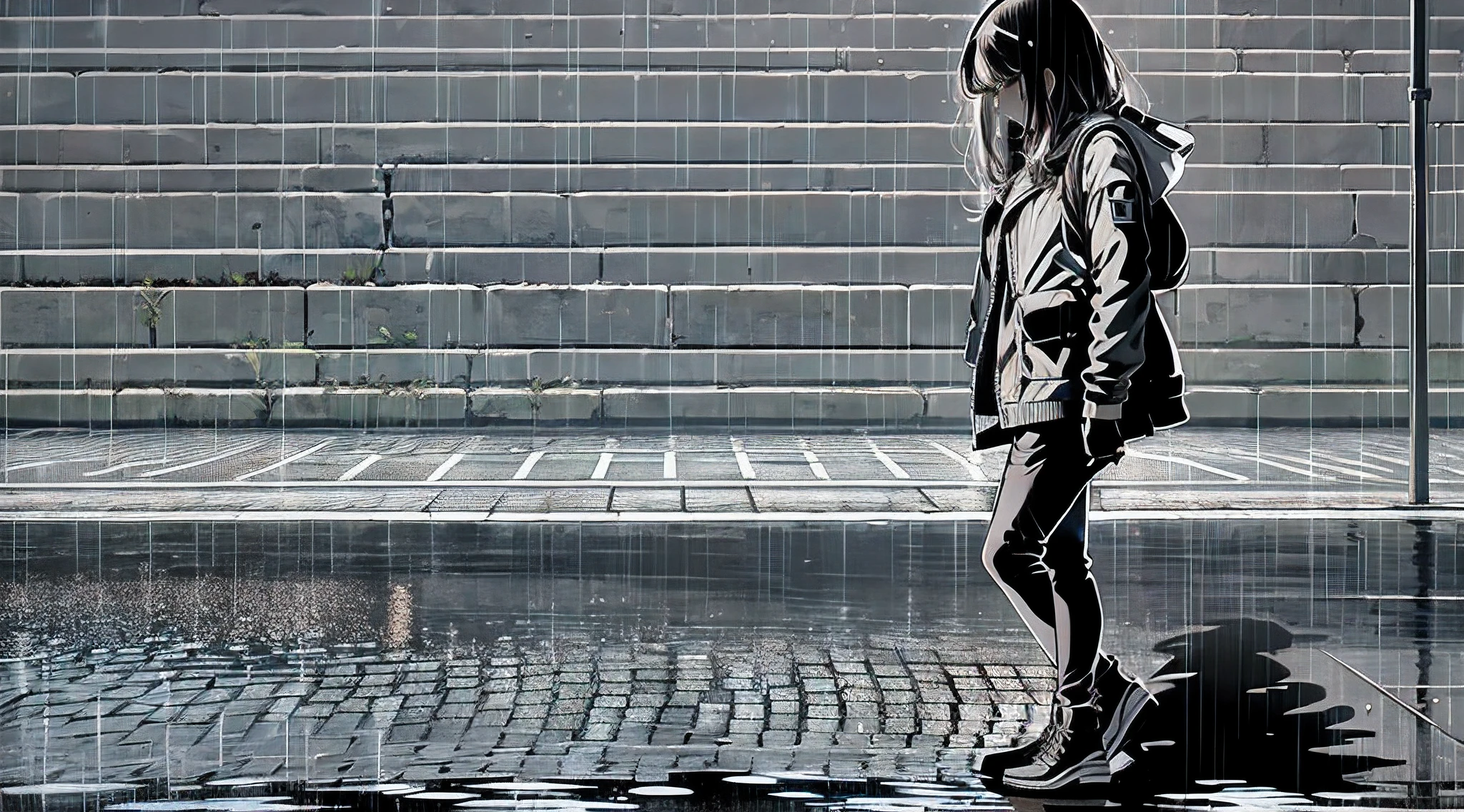 A heartbroken woman walks along the sidewalk in the evening rain. Headlights illuminating the dark road shine on it, casting a large shadow on the wall of a building. (best quality), (master part:1.3), ultra-detalhado, sharp shadows, grande detalhe, profundidade de campo, fundo super detalhado, Olhar fora de foco