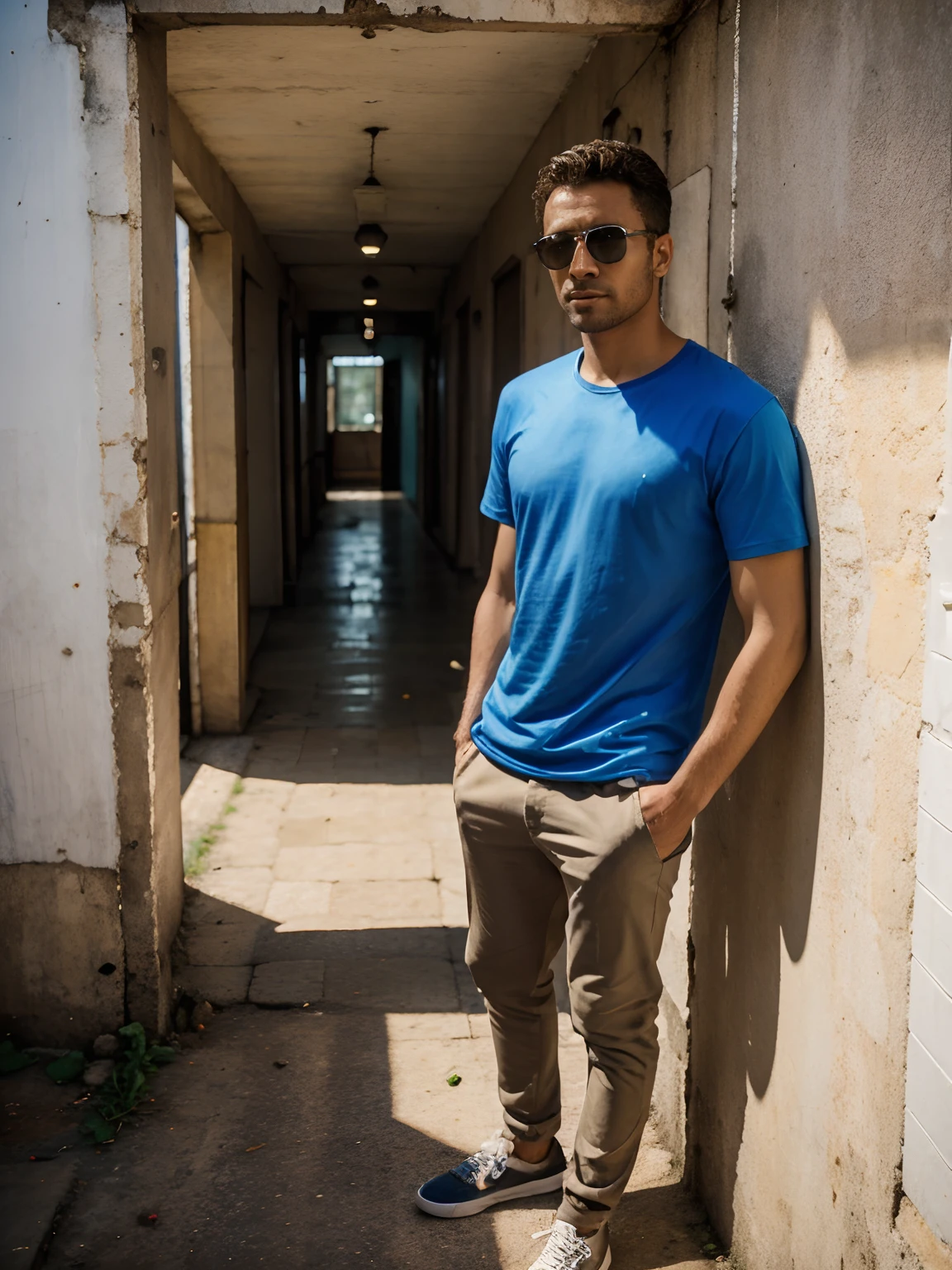 Homem, de jaqueta preta , camiseta azul, Beige pants and sunglasses. Visiting the wire opera house in Curitiba Paraná
