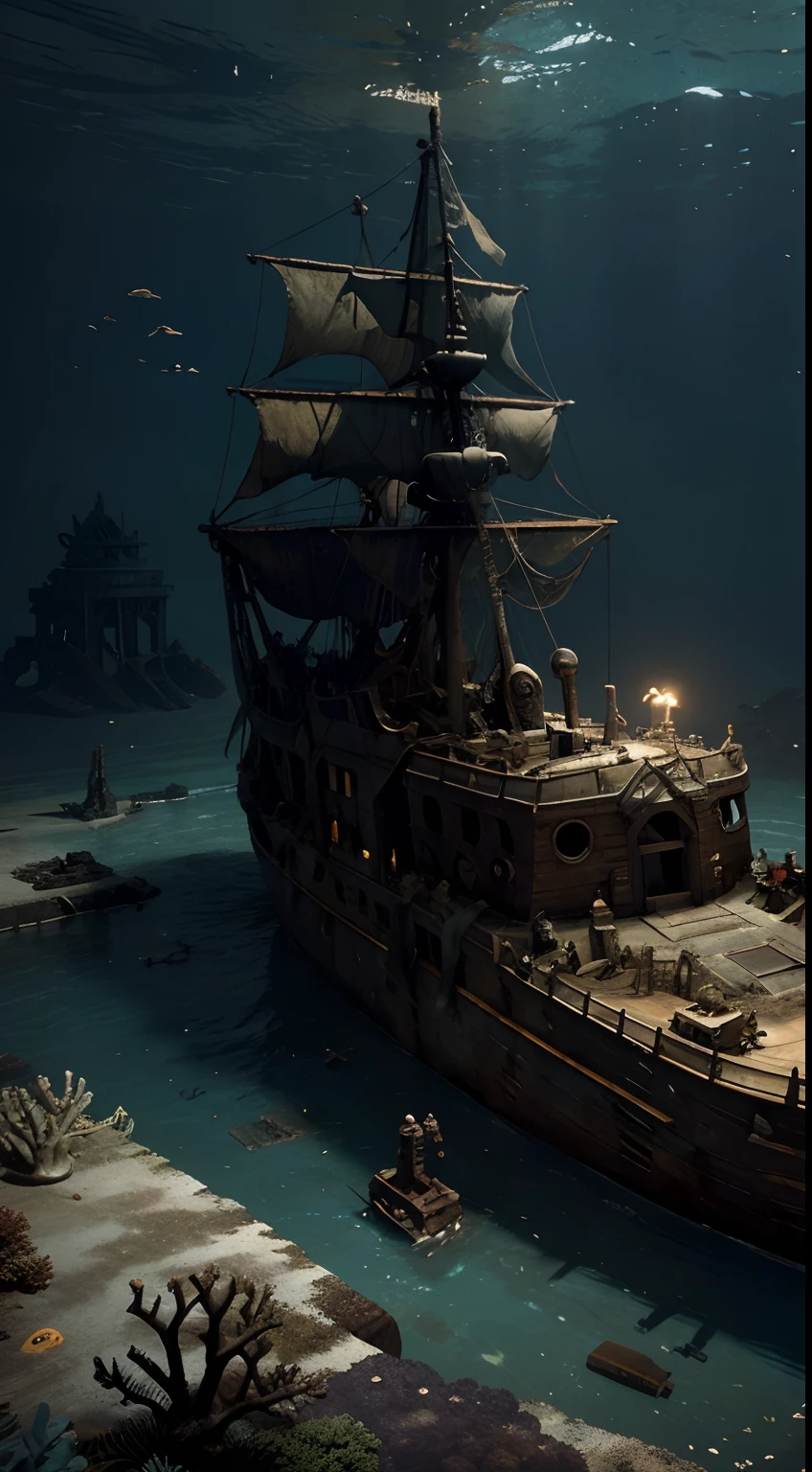 (masterpiece), best quality, the ruins of a sunken ship in deep sea, old ship, rusty ship, (underwater:1), bottom of the ocean,(sunken ship:1.5), depth, bubles, corals, fishs, spectral, sand, particles, 4k, (cinematic digital artwork),dark, scary, horror, adventure, danger, UNDERWATER_SCENE, aqua, the ship sails are torn apart, tilted ship, ghost ship, moss on the ship, (high angle:1)