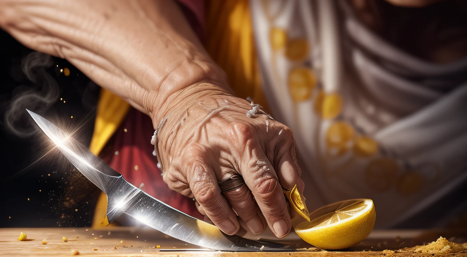 THE WISE OLD WOMAN CUTTING LEMON with a sharp knife, close-up em seu rosto ultra detalhado, rugas detalhadas, pele realista, queimadura solar, dust, expression marks, olhos expressivos, uma capa vermelha