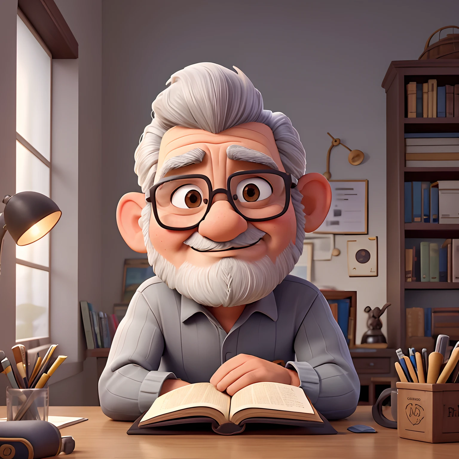 velho, inspirado na Disney Pixar, Inspirado pelo pastor ( Rubens Janeiro ) A gray-haired man wearing glasses in an office with a book on the table looking to the serious future, old man, cabelos grisalhos, um terno