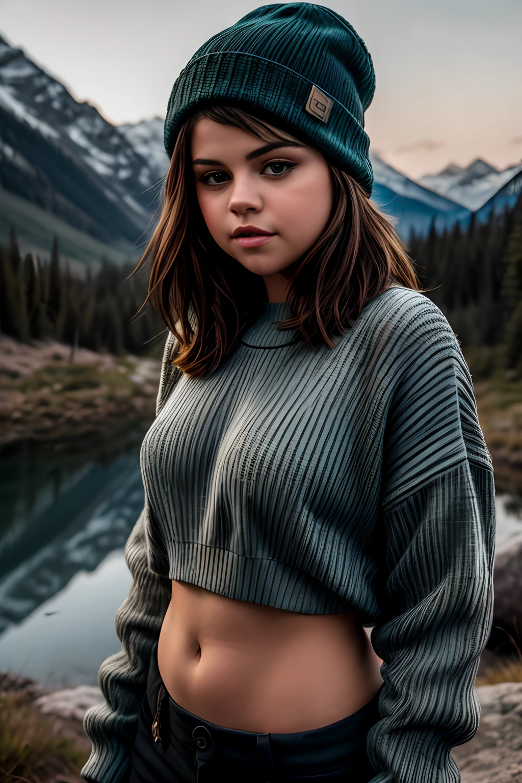 1girl, Selena Gomez, masterpiece, best quality, ultra-detailed, solo, outdoors, (night), mountains, nature, (stars, moon) cheerful, happy, mountain boots, gloves, mini sweater top, bare belly, hat, flashlight, forest, rocks, river, wood, smoke, shadows, contrast, clear sky, analog style, (look at viewer:1.2), (skin texture), close up, cinematic light, sidelighting, ultra high res, best shadow, RAW, upper body, wearing pullover top