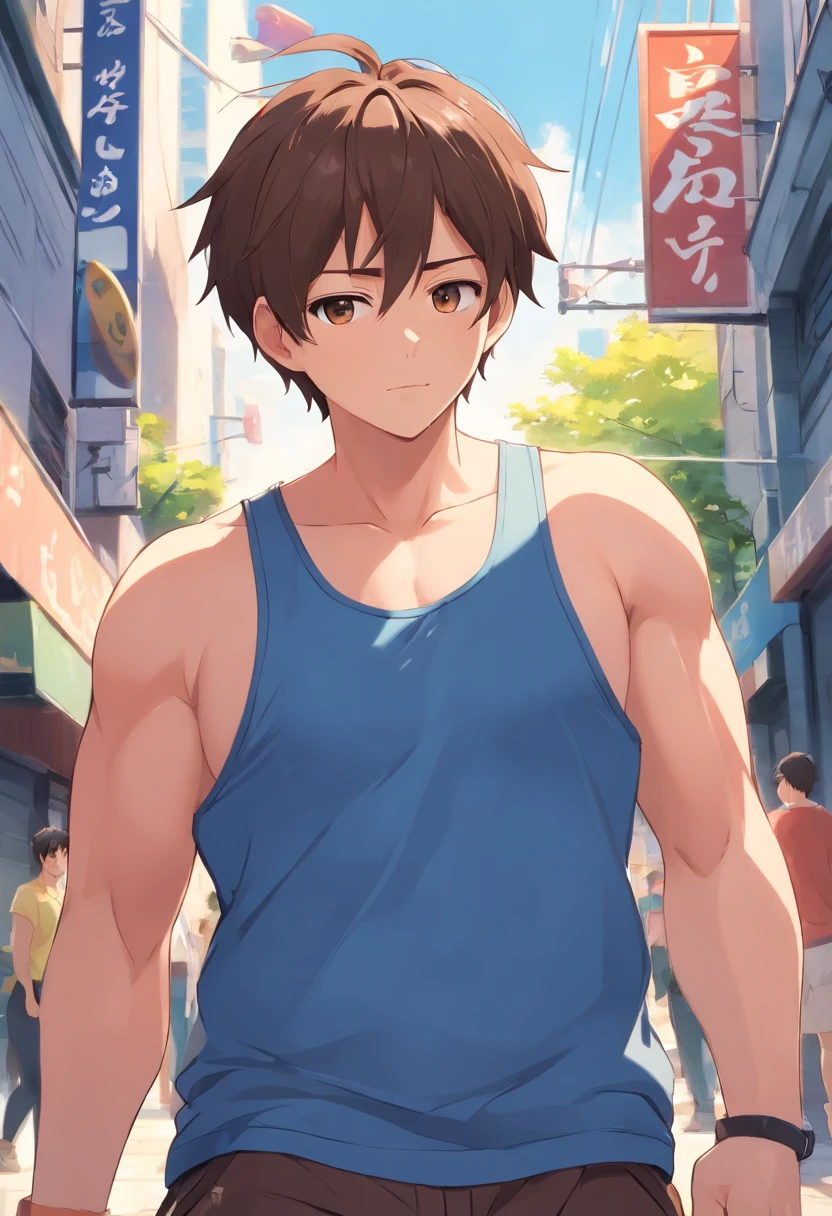 32 years old, adult, fat male, blue tank top, black gym shorts, light brown hair, short hair, brown eyes, no sleeves, with fat belly, chubby belly, fat, big arms, handsome face
