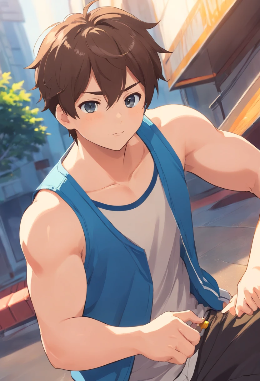 32 years old, adult, fat male, blue tank top, black gym shorts, light brown hair, short hair, brown eyes, no sleeves, with fat belly, chubby belly, fat, big arms, handsome face