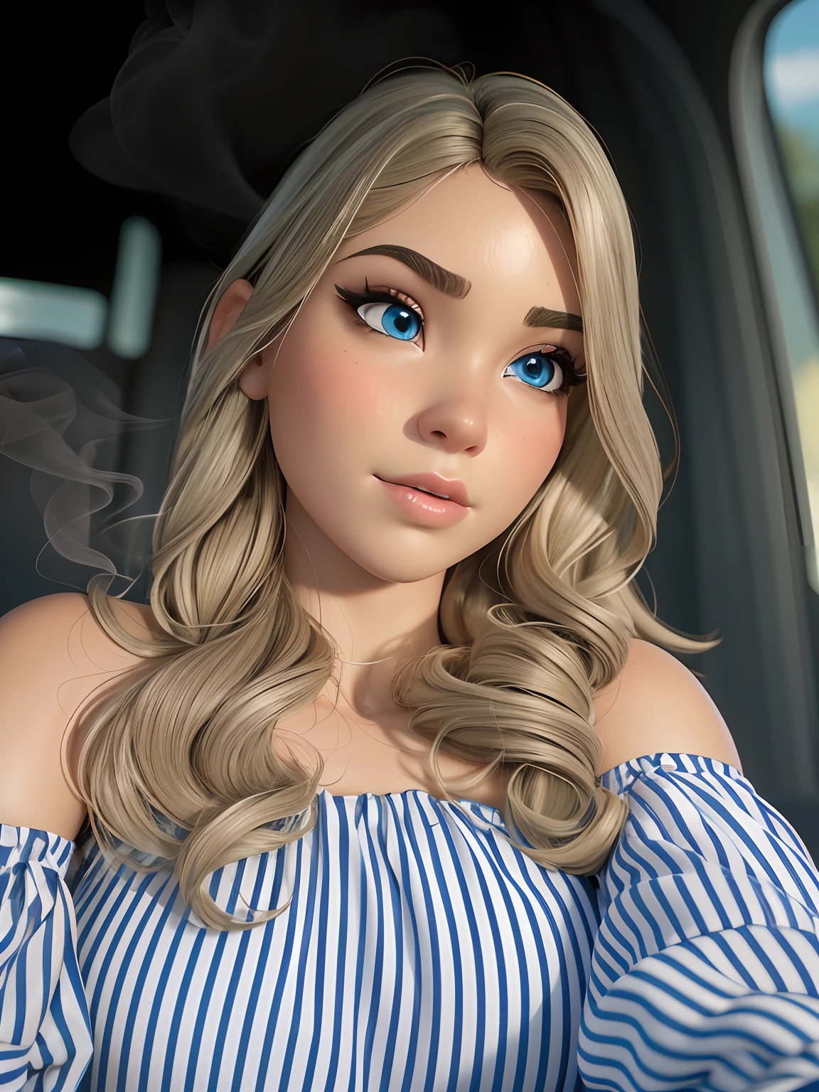 (master part),((Alta qualidade d)),(melhor bonito:1.2),(obra de arte de um),((Face estereoscópica 3D)),8k,(Disney),Uma com um rosto bonito, olhos castanhos ,Cabelo encaracolado amarelo,blush fraco,Usando um top de renda preto,Fique em um palco moderno,His eyes were focused on the distance,she's a singer,The background is blurry and mysterious,iluminado pela luz,Enchanted expression,artistic design,tridimensional,fotos em close-up,((The side is full of smoke)), brown eyes