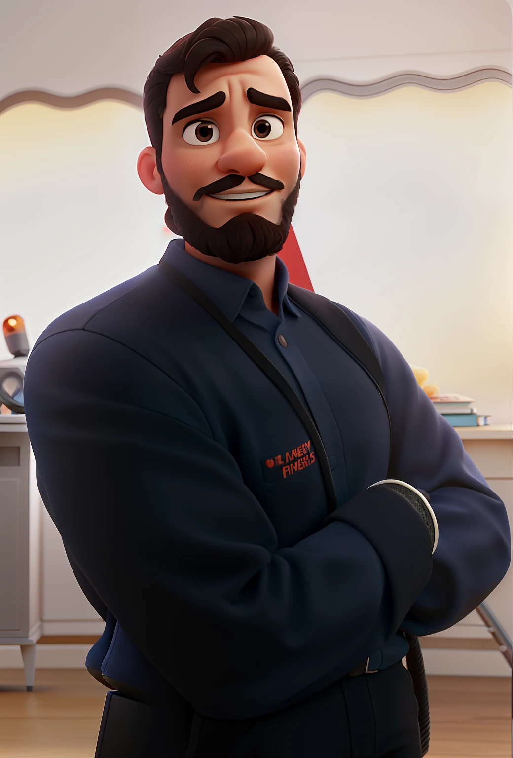 Pode melhorar barba mais rala com uns fios brancos, Make the full body appearing white red shoes. Man stands on black background on a speaker-like stage with microphone in one hand and book in the other in Disney pixar style best quality, maior qualidade.