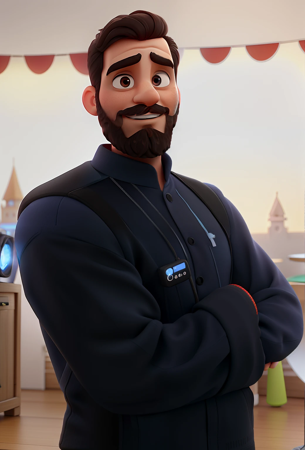 Pode melhorar barba mais rala com uns fios brancos, Make the full body appearing white red shoes. Man stands on black background on a speaker-like stage with microphone in one hand and book in the other in Disney pixar style best quality, maior qualidade.