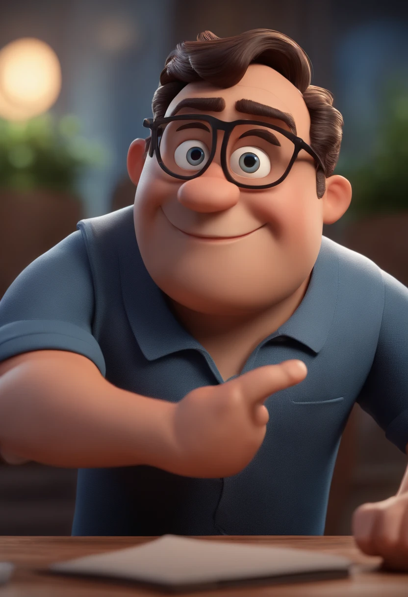 Cartoon character of a man with black glasses and a blue shirt, animation character, Caractere estilizado, animation style rendering, 3D estilizado, Arnold Maya render, 3 d render stylized, toon render keyshot, Personagem 3D, Personagem 3D, 3d rendering stylized, 3 d character render, personagem de desenho animado, Personagem de close up, Pose de personagem,  (Estilo Pixar) (master part:1.2) (Bokeh) (best quality) (pele detalhada) (textura detalhada) (8k) (argila) (Cinematic lighting) (foco nítido