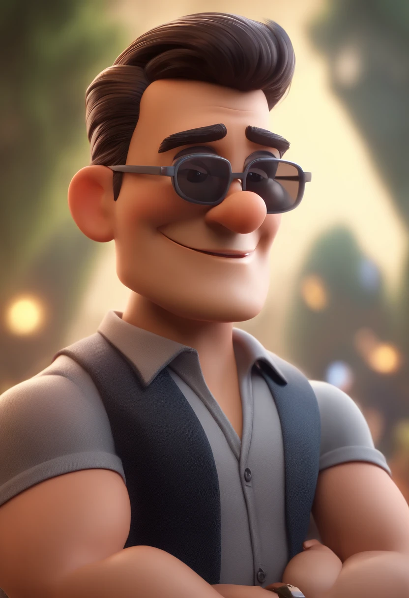 Cartoon character of a man with sunglasses and a gray shirt, animation character, Caractere estilizado, animation style rendering, 3D estilizado, Arnold Maya render, 3 d render stylized, toon render keyshot, Personagem 3D, Personagem 3D, 3d rendering stylized, 3 d character render, personagem de desenho animado, Personagem de close up, Pose de personagem, (Estilo Pixar) (master part:1.2) (Bokeh) (best quality) (pele detalhada) (textura detalhada) (8k) (argila) (Cinematic lighting) (foco nítido