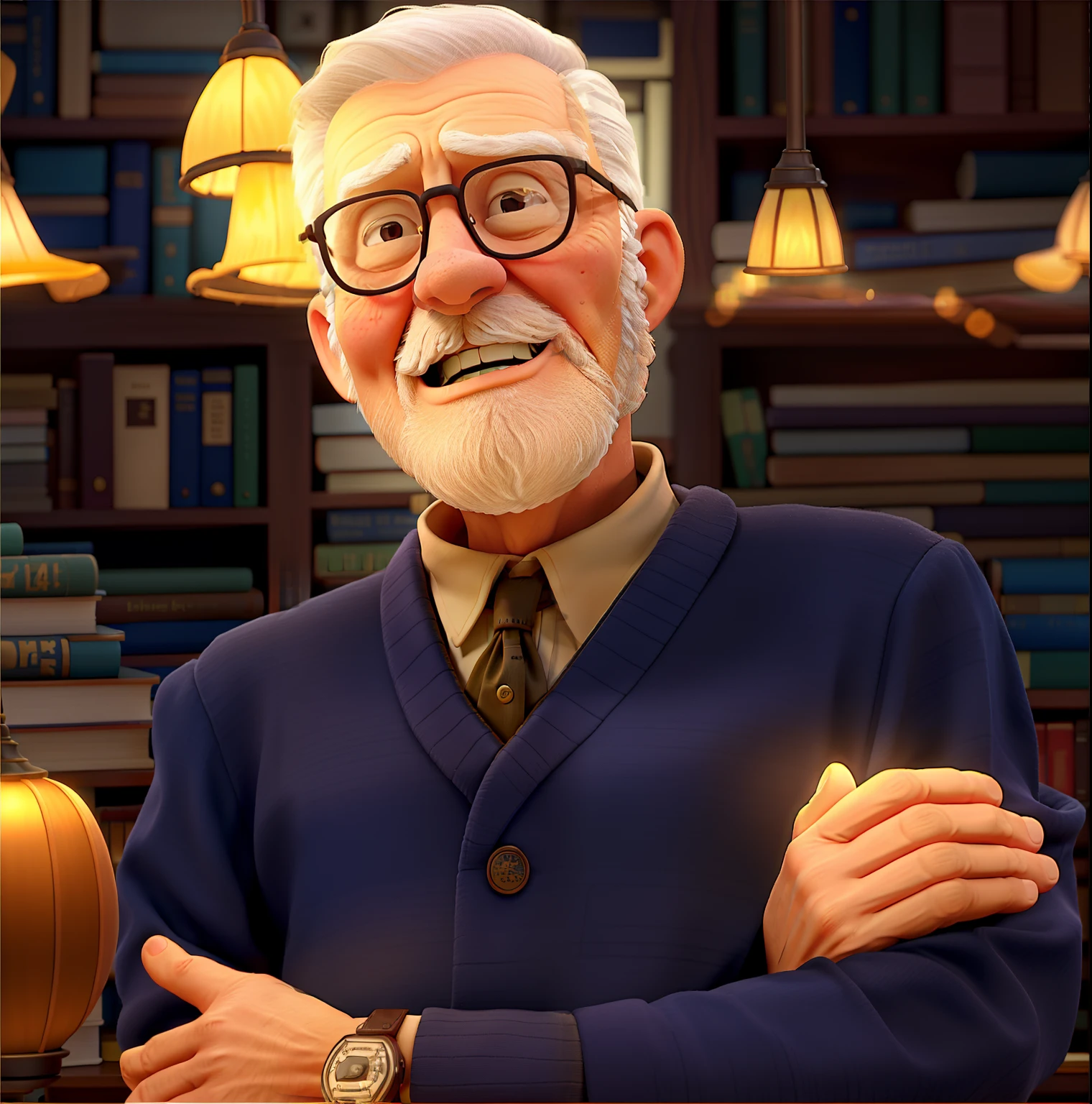 A wise old man standing in front, illuminated by the light of a lamp, against the backdrop of a library