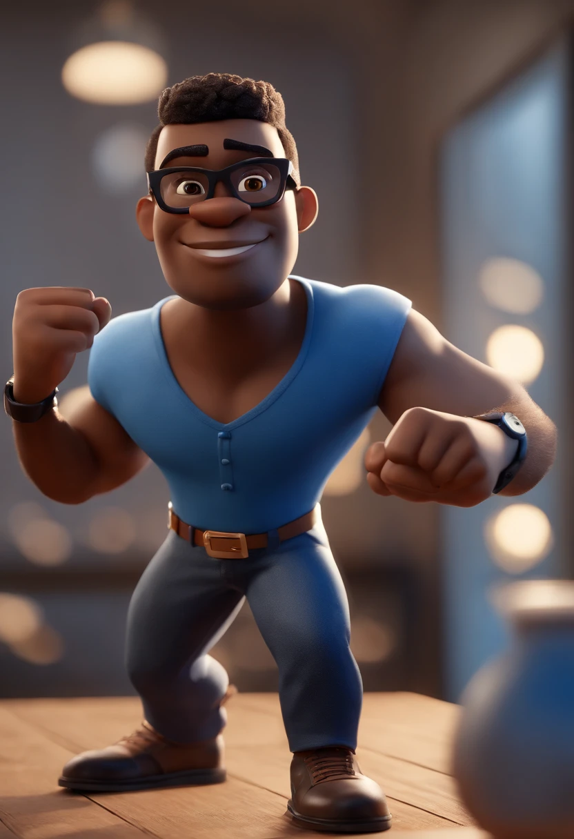 Cartoon character of a black man wearing black glasses and a blue shirt, um personagem animado, Caractere estilizado, animation style rendering, 3D estilizado, Arnold Maya render, 3 d render stylized, toon render keyshot, Personagem 3D, Personagem 3D, 3d rendering stylized, 3 d character render, personagem de desenho animado, Personagem de close up, Pose de personagem, (Estilo Pixar) (master part:1.2) (Bokeh) (best quality) (pele detalhada) (textura detalhada) (8k) (argila) (Cinematic lighting) (foco nítido，Senta e vaza a parte superior do corpo