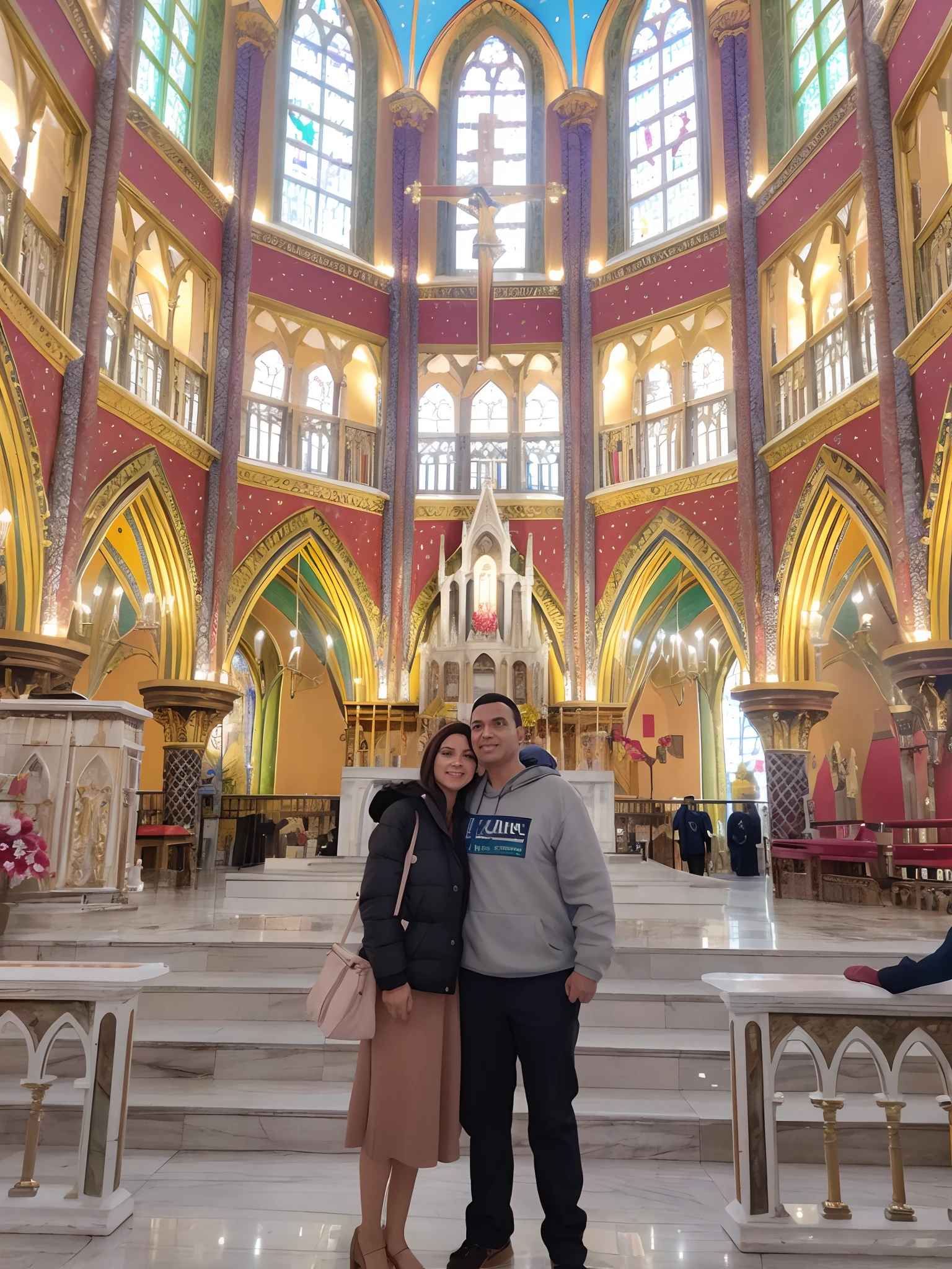 Arafed couple standing in front of a church with stained glass windows, em frente ao altar, em uma grande catedral, catedral!!!!!, lugar santo, standing in a church, dentro da catedral, standing in a buddhist temple, standing inside of a church, neste interior da igreja, no altar, catedral, Obra-prima maravilhosa, Fotografia tirada em 2 0 2 0