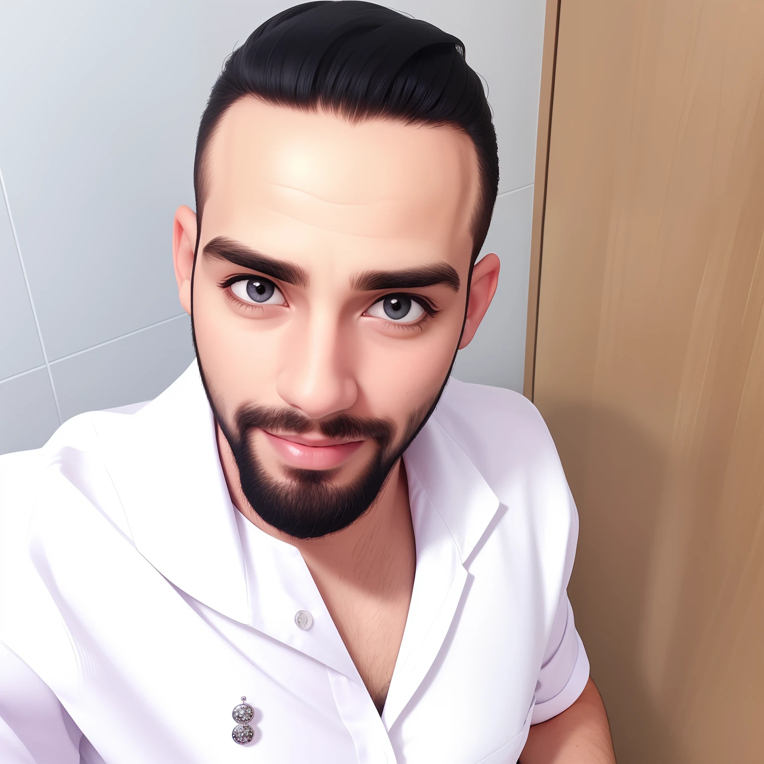 Um homem de 30 anos, com cabelos pretos curtos estiloso , face de diamante, olhar rigoroso, e olhos castanhos, barba bem feita vestindo camisa rosa